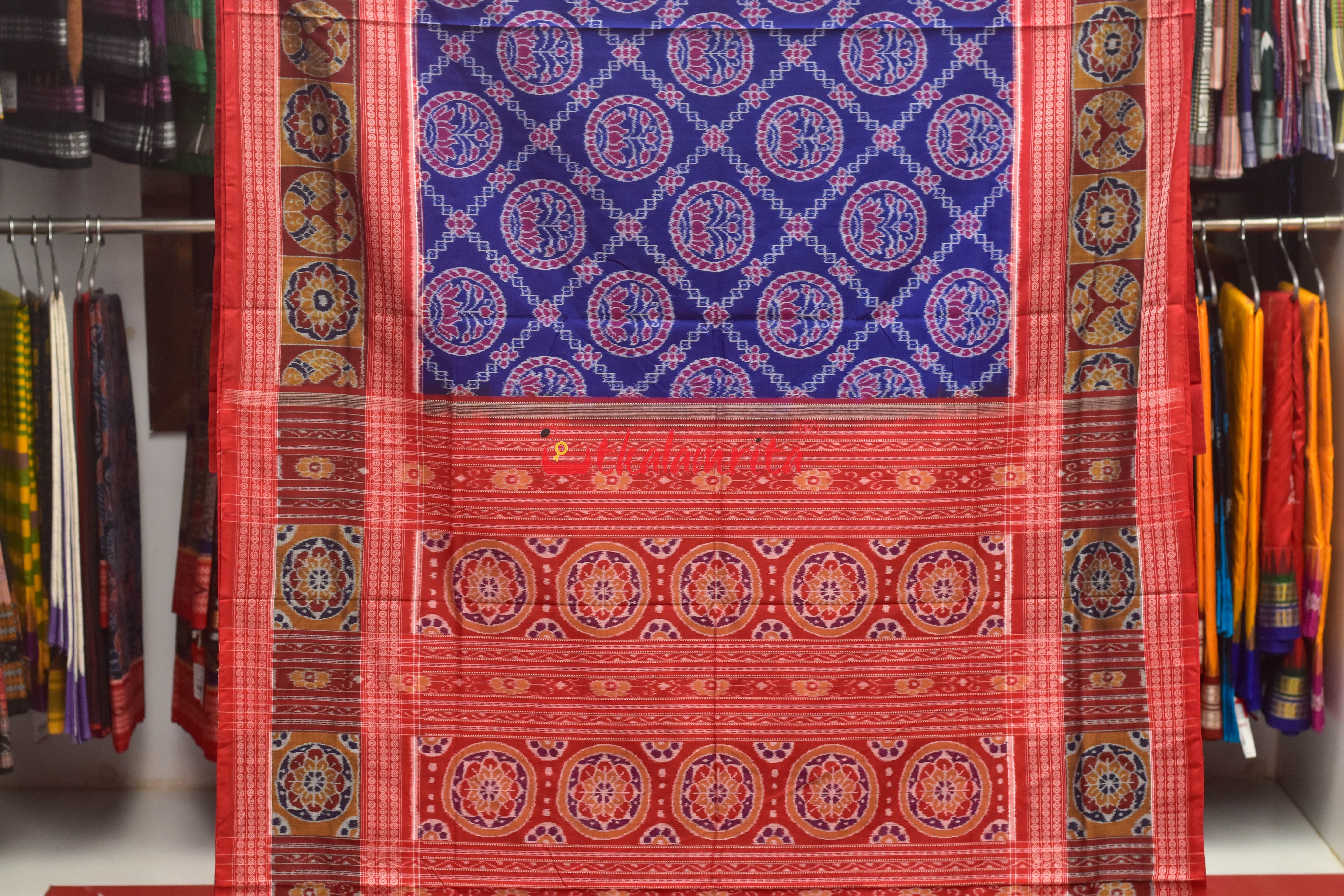Blue Lotus Design Flower Border Sambalpuri Cotton Saree