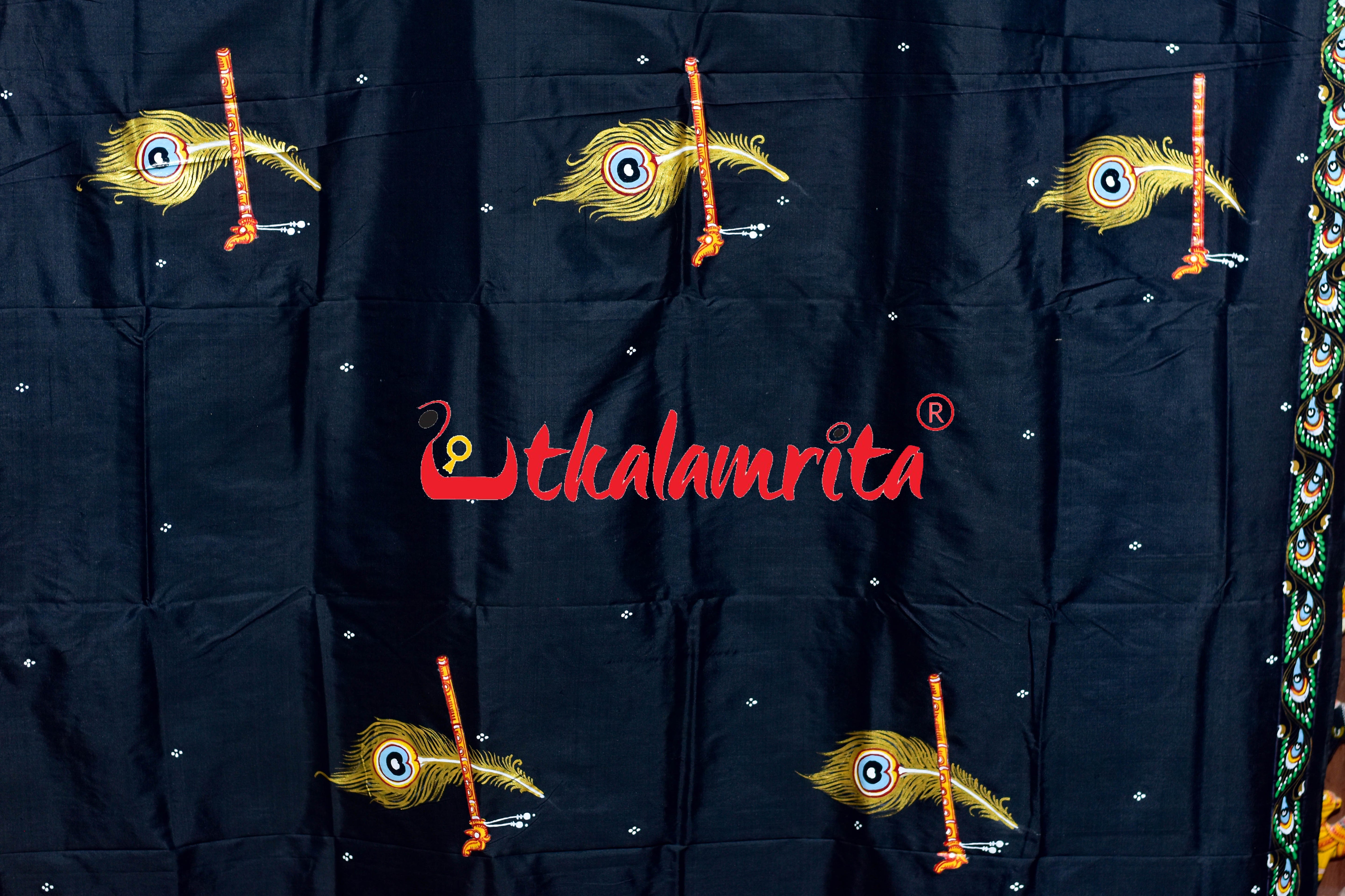 Black Plain Krushna Representation Pattachitra Silk Saree