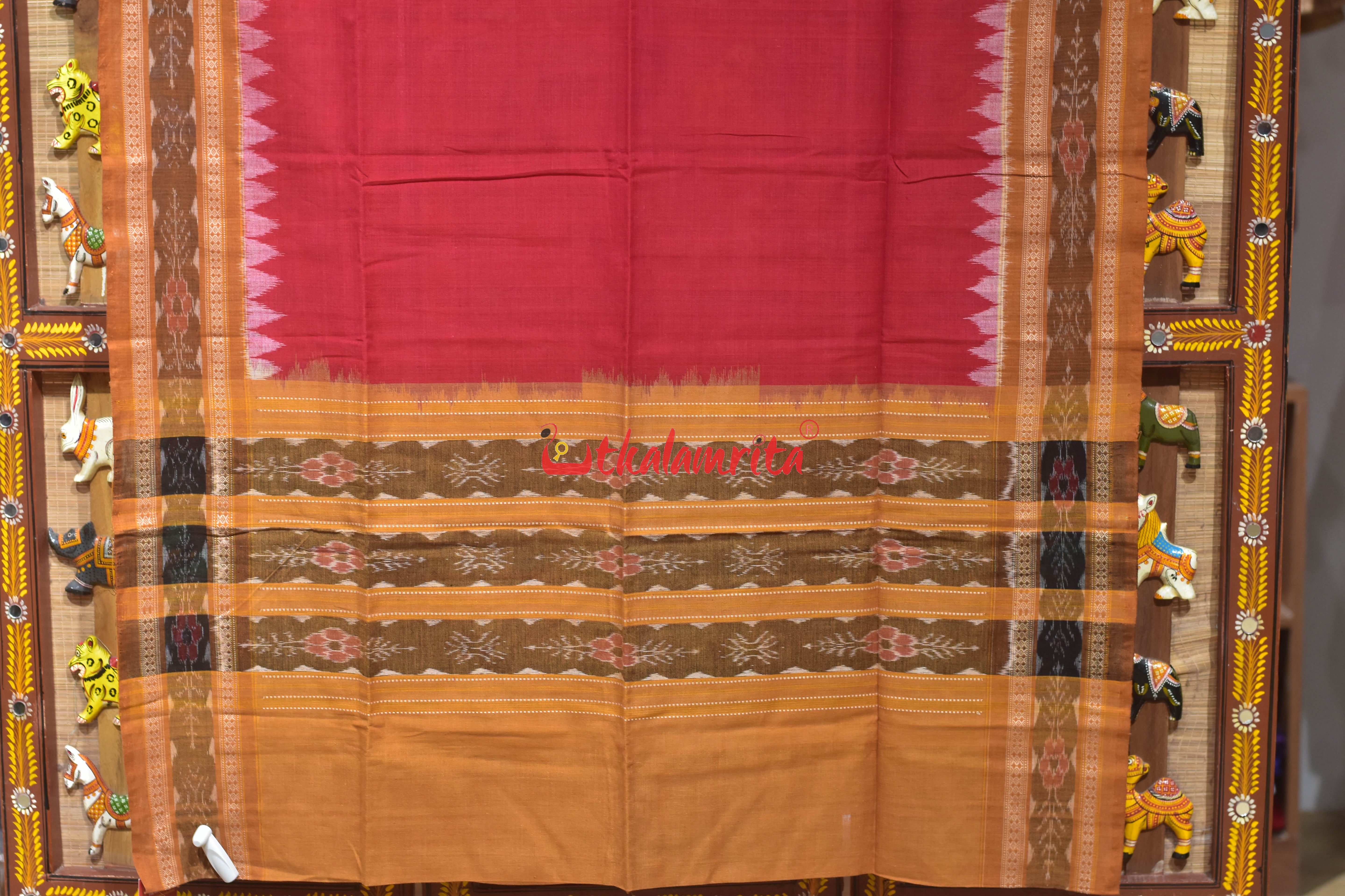 Red Khaki Flower Bandha Cotton (Dupatta)