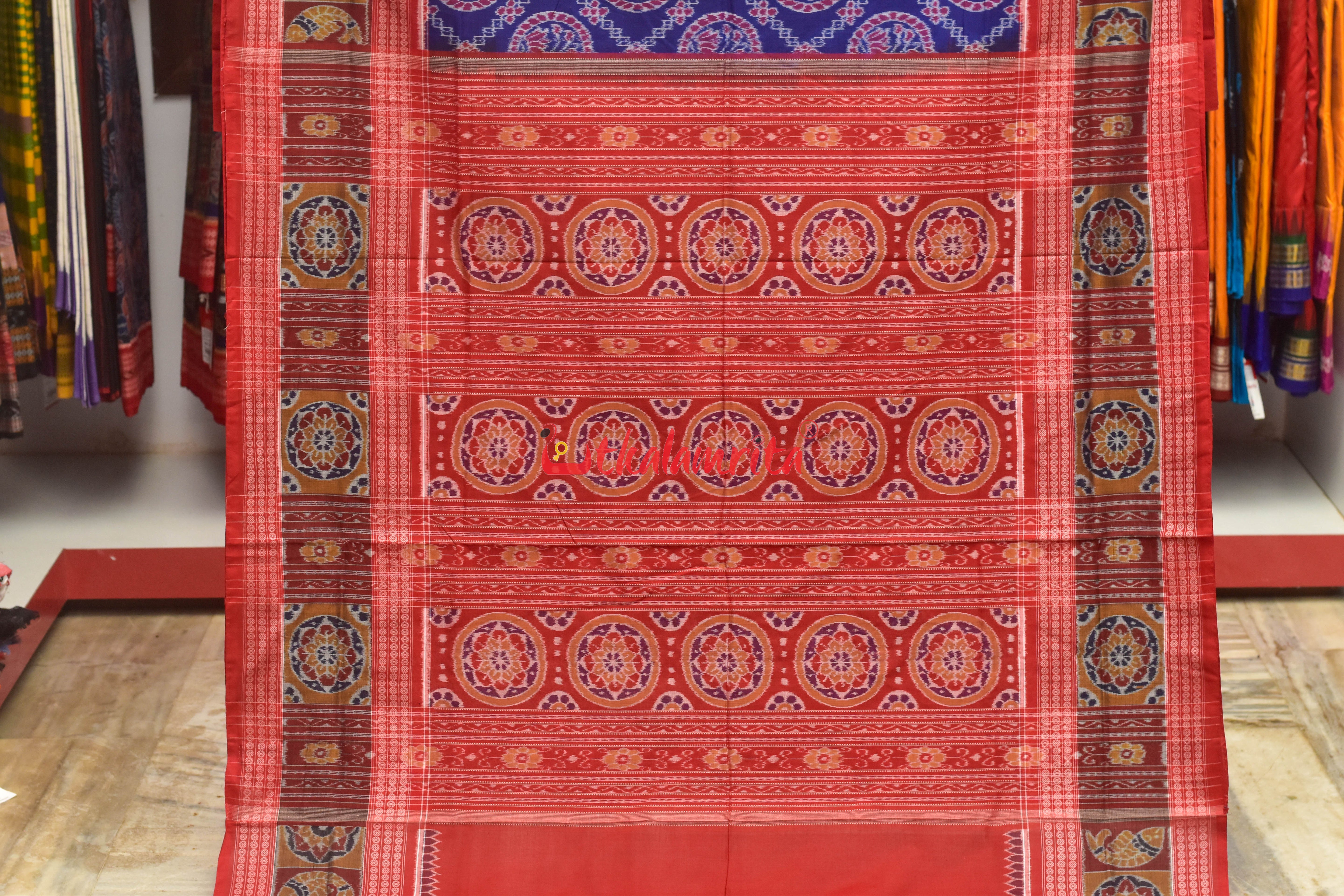 Blue Lotus Design Flower Border Sambalpuri Cotton Saree