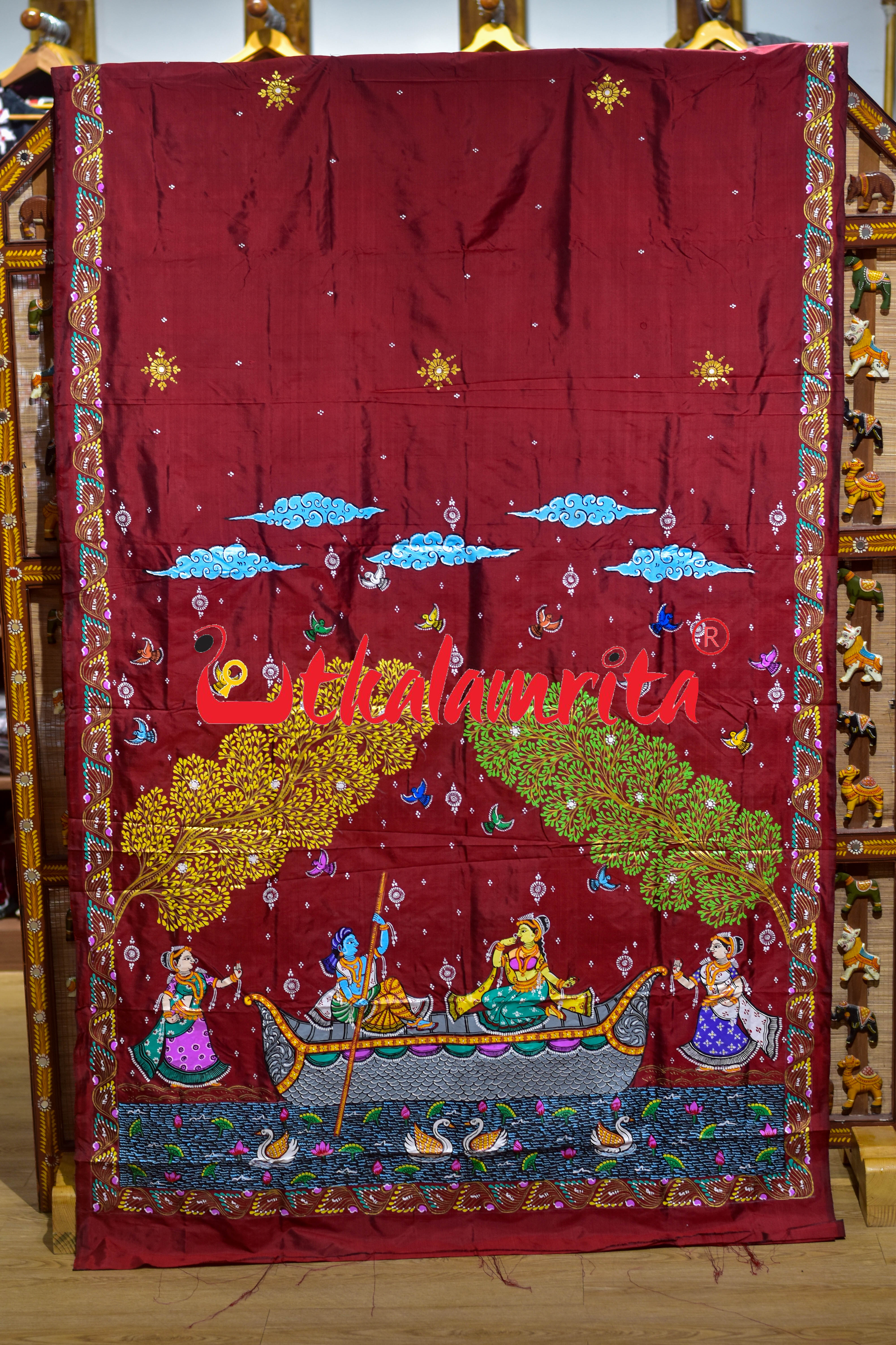 Maroon Plain Nauka Paar Pattachitra Silk Saree