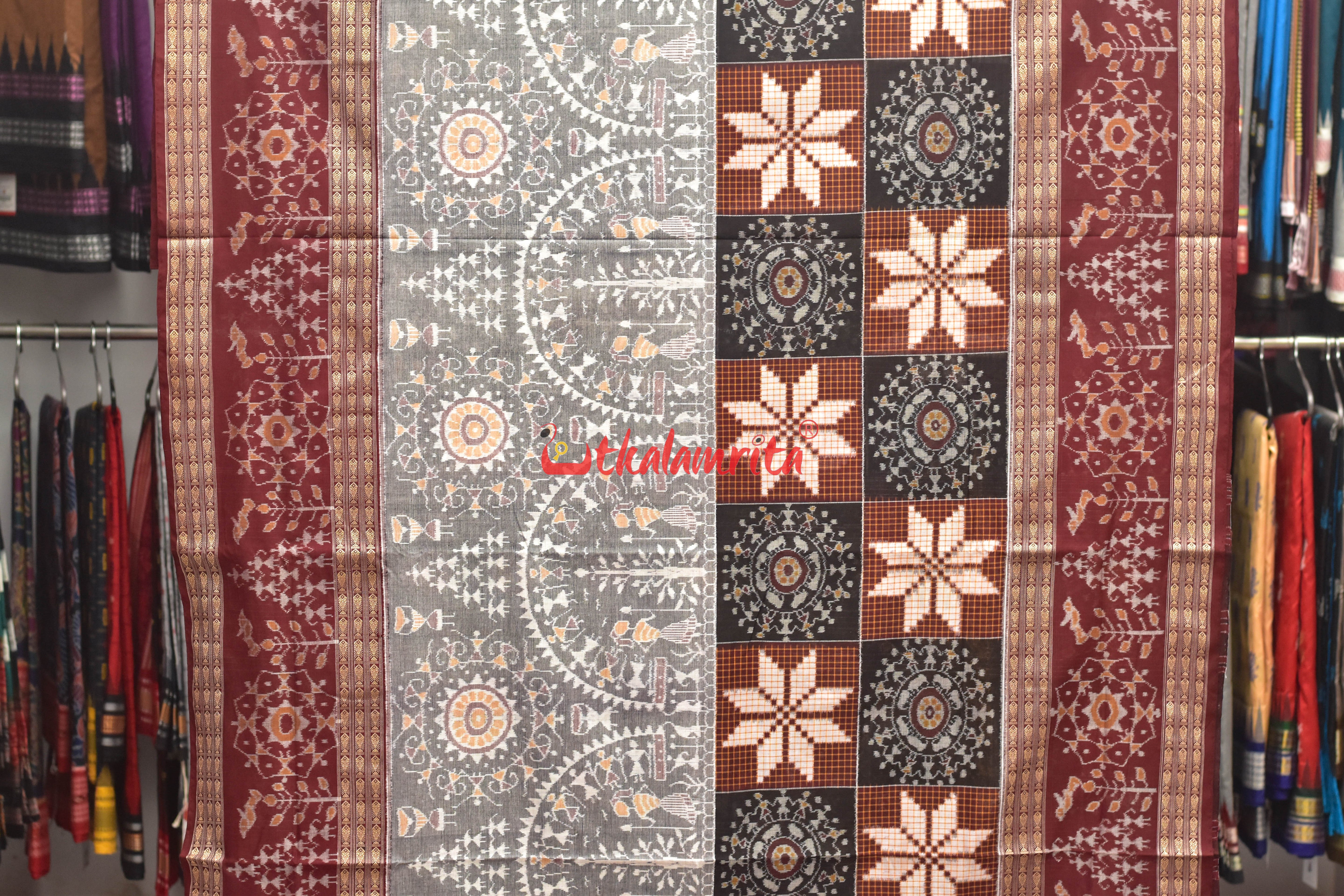Grey Tribals Half Half Sambalpuri Cotton Saree