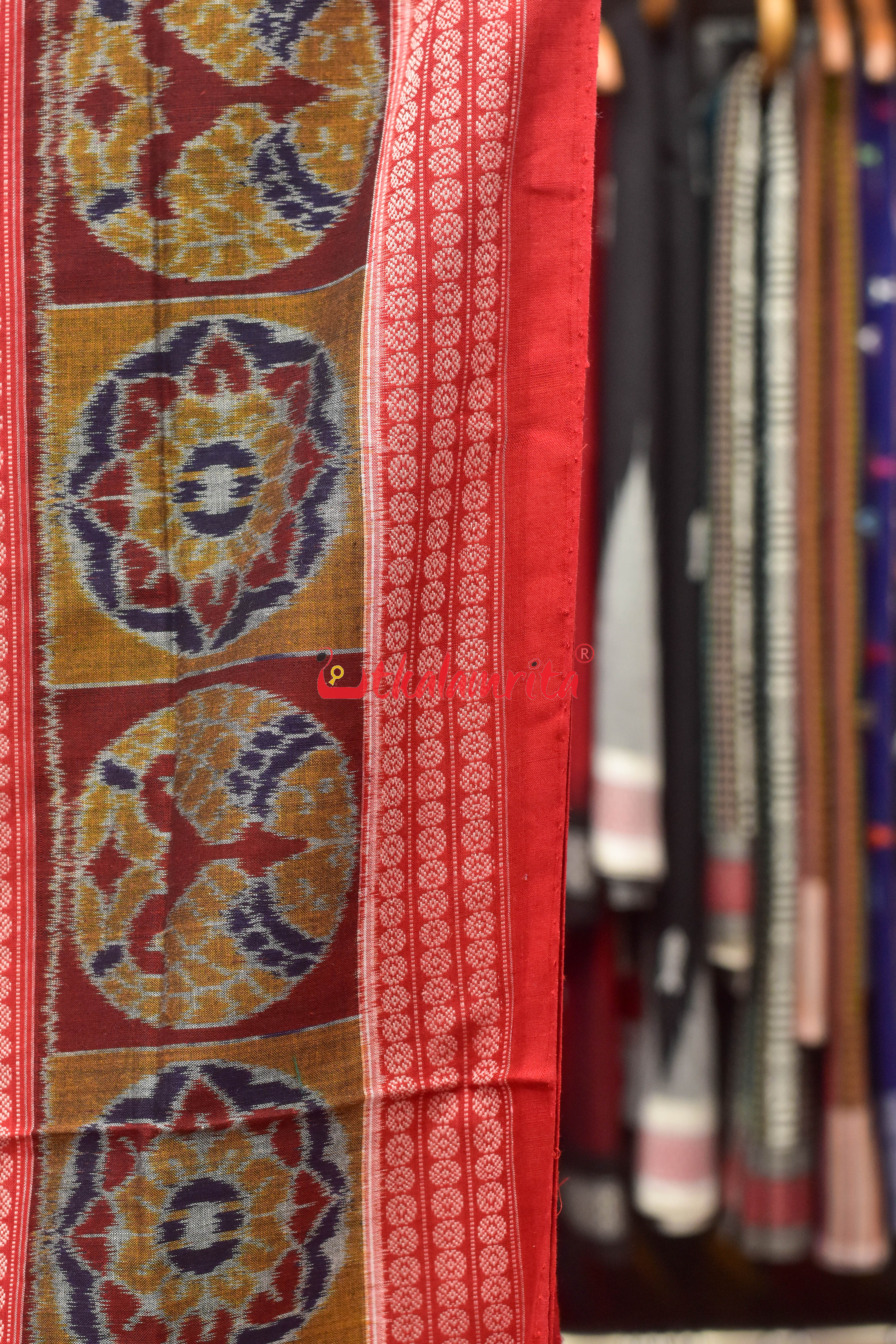 Blue Lotus Design Flower Border Sambalpuri Cotton Saree