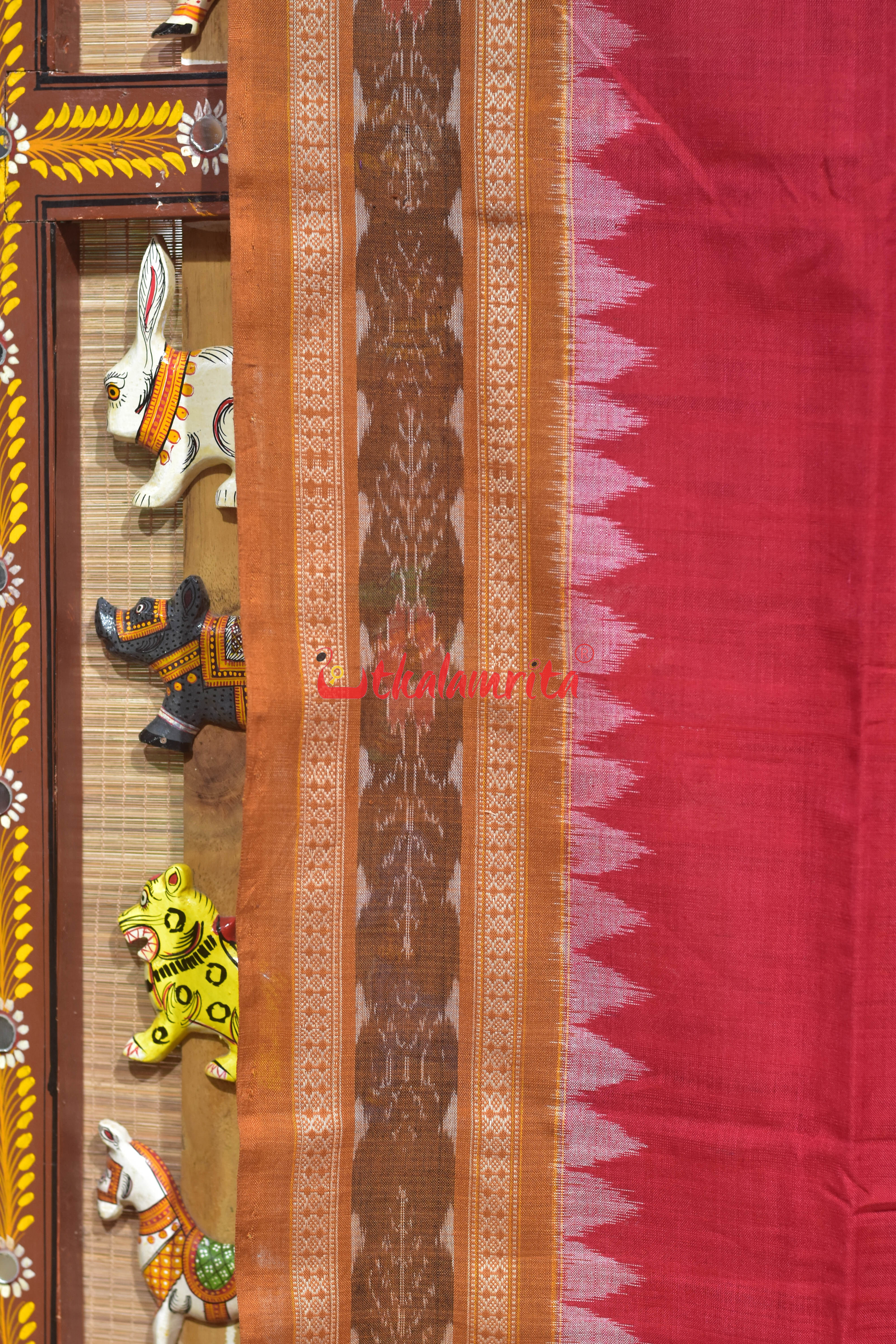 Red Khaki Flower Bandha Cotton (Dupatta)