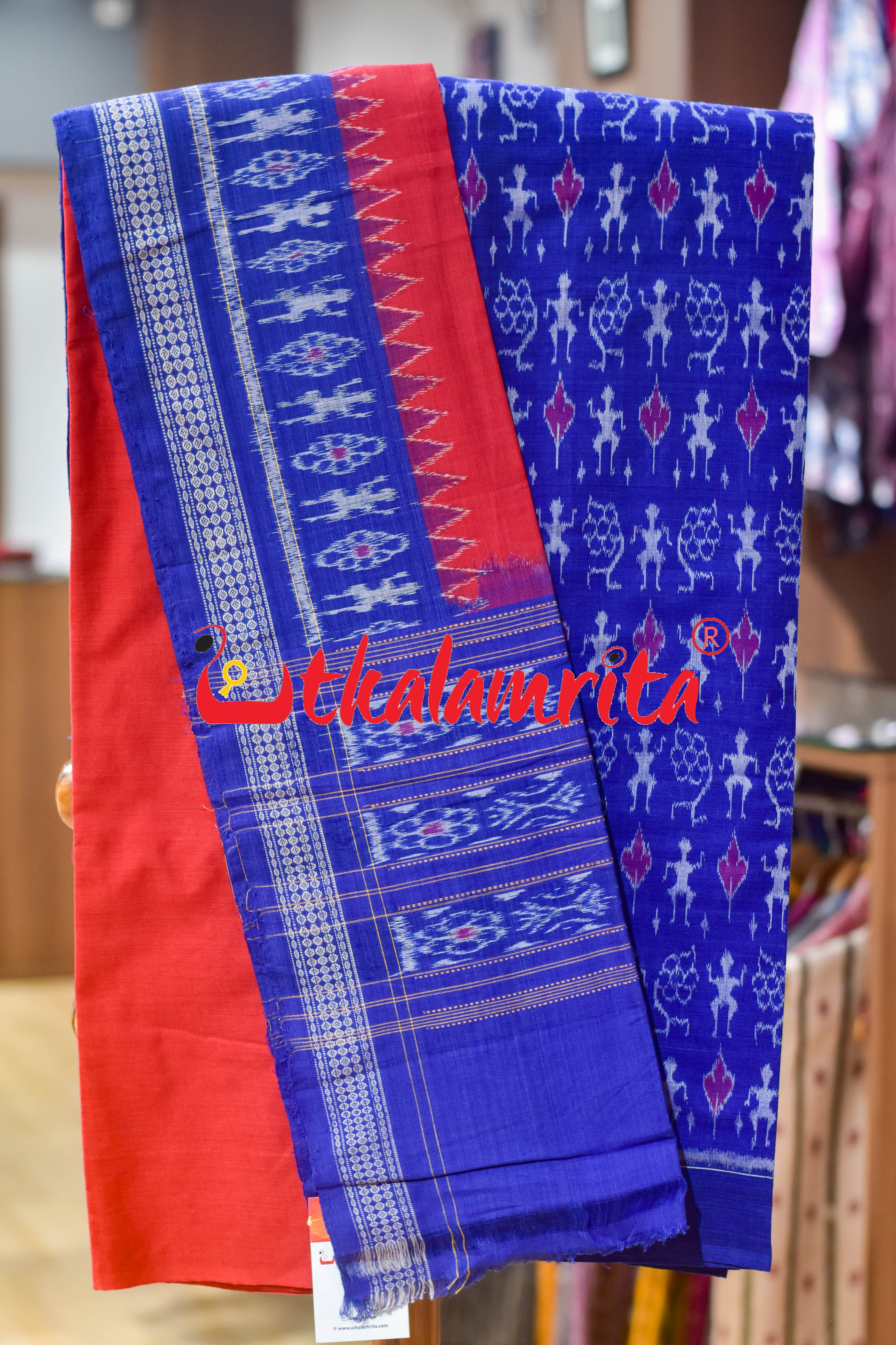 Blue Red Standing Tribals Sambalpuri Cotton Dress Set