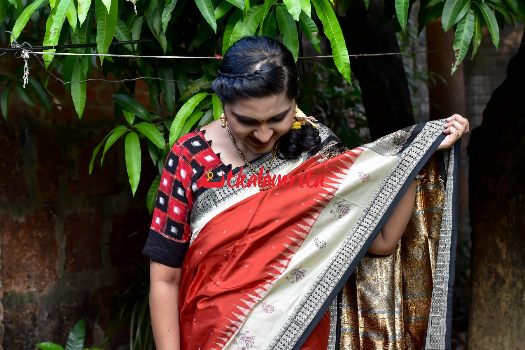 Rust Cream Dhadi Doll Bomkai Silk Saree