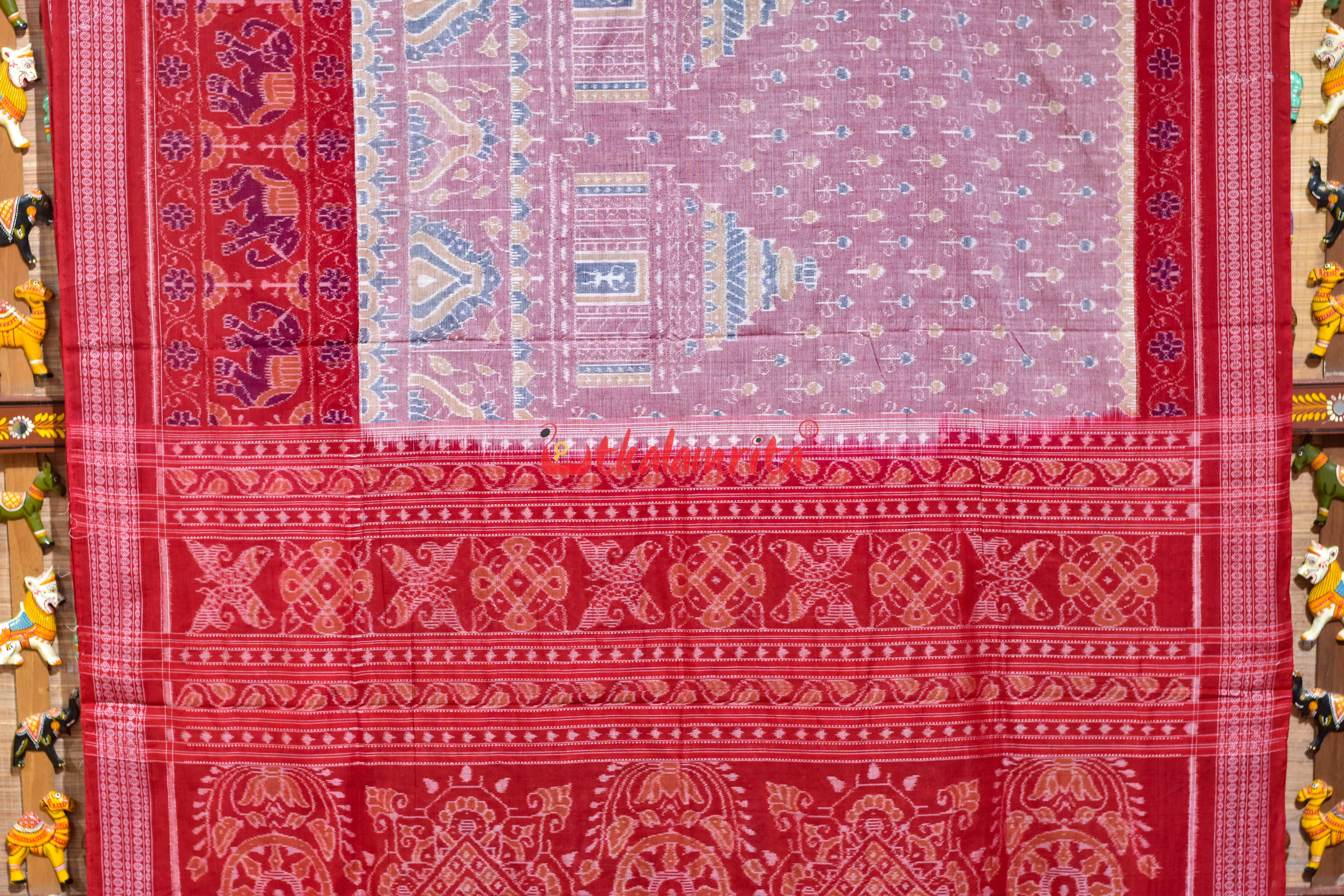 Pink Konark with Elephant Border Sambalpuri Cotton Saree