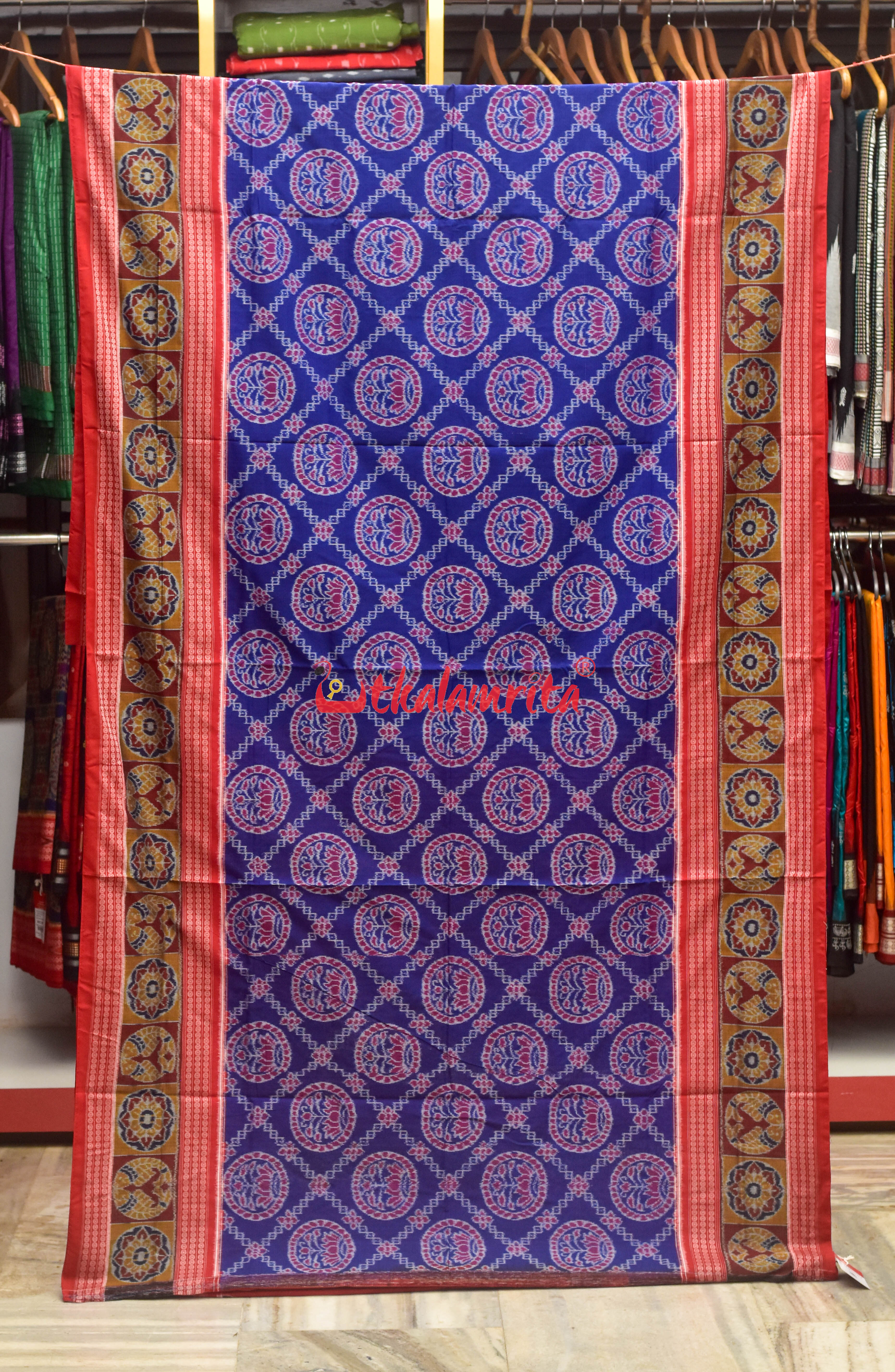 Blue Lotus Design Flower Border Sambalpuri Cotton Saree
