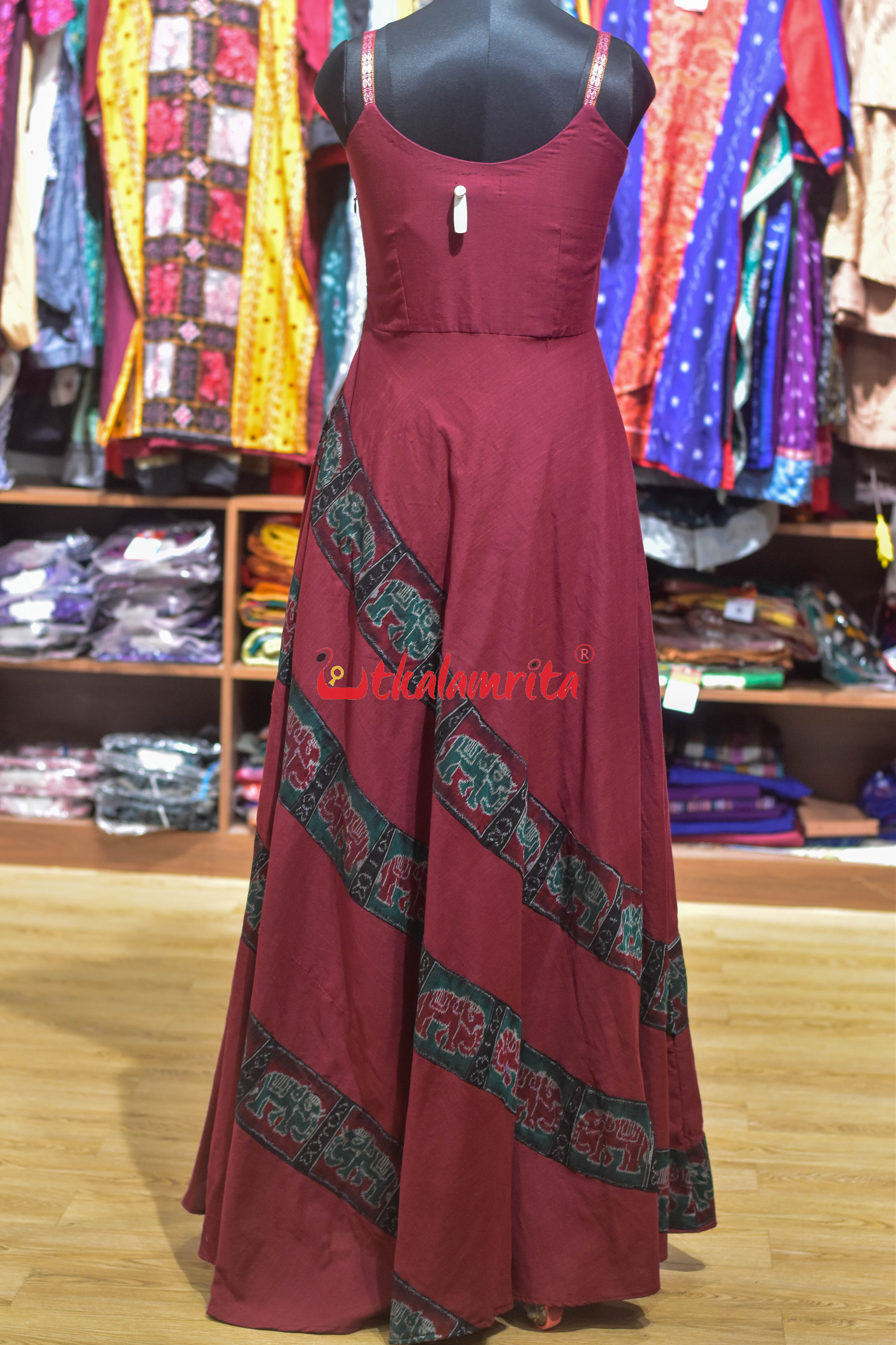 Maroon with Elephant Design Sleeveless (Ladies' Gown)