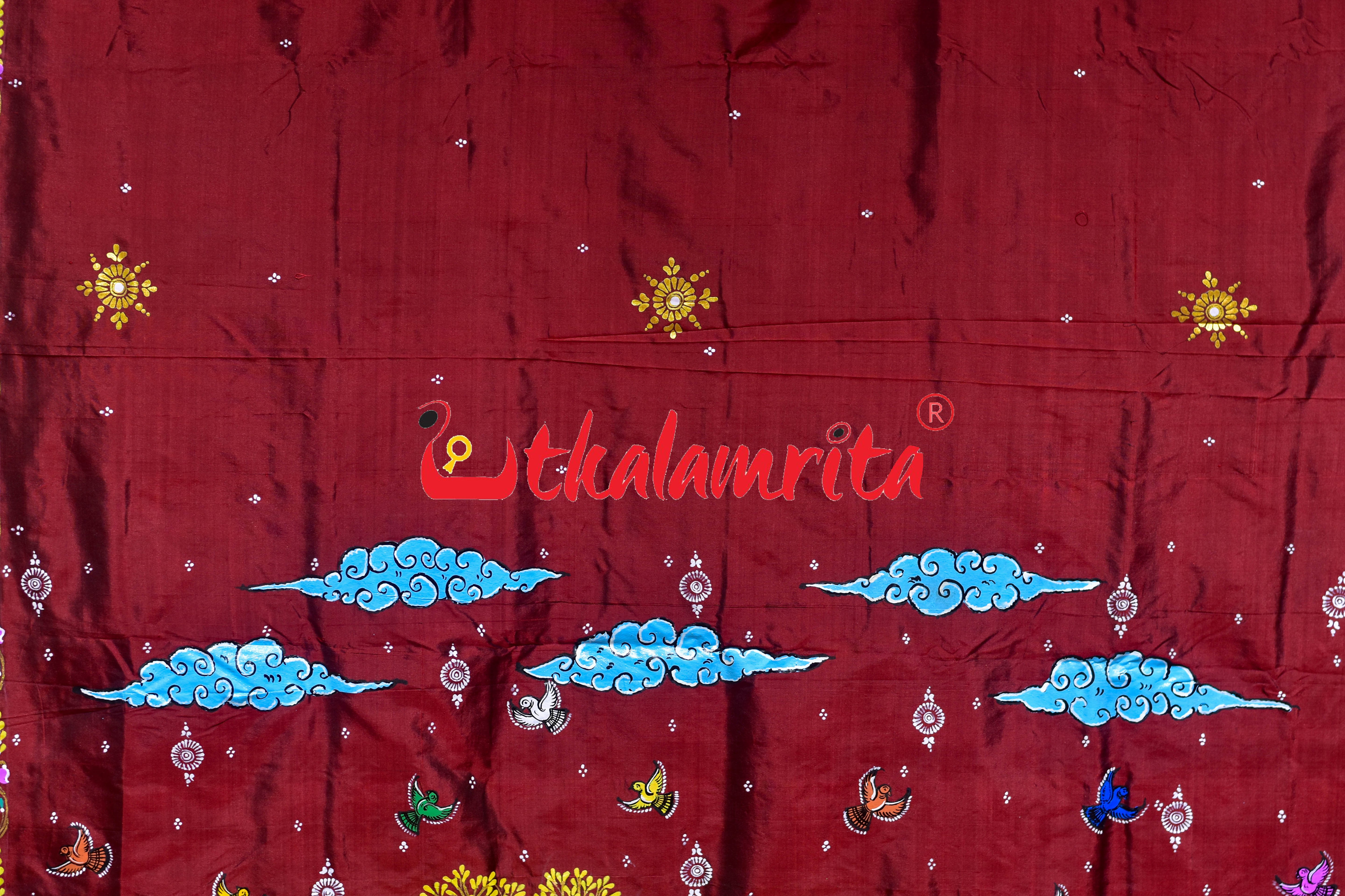 Maroon Plain Nauka Paar Pattachitra Silk Saree