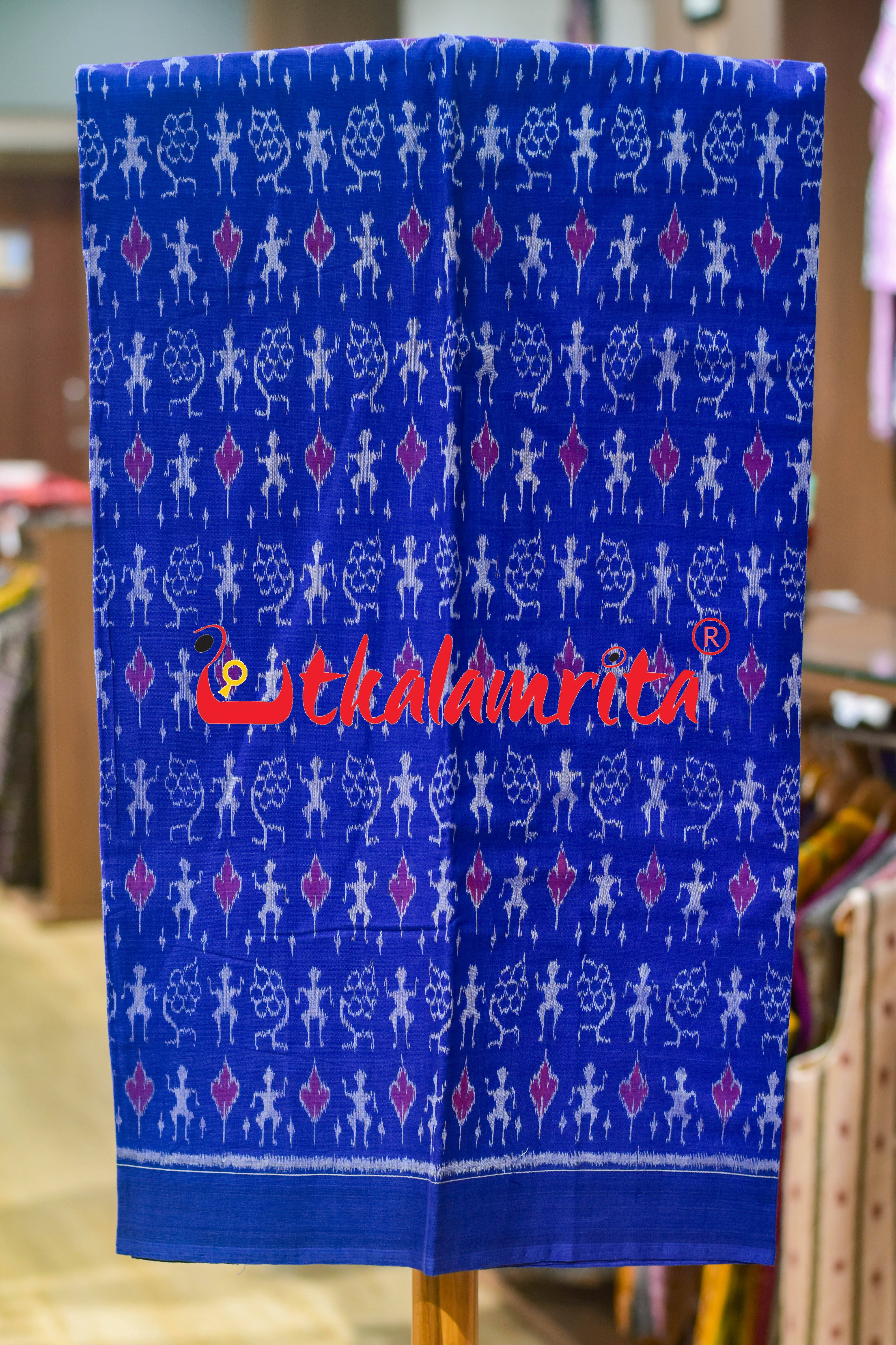 Blue Red Standing Tribals Sambalpuri Cotton Dress Set