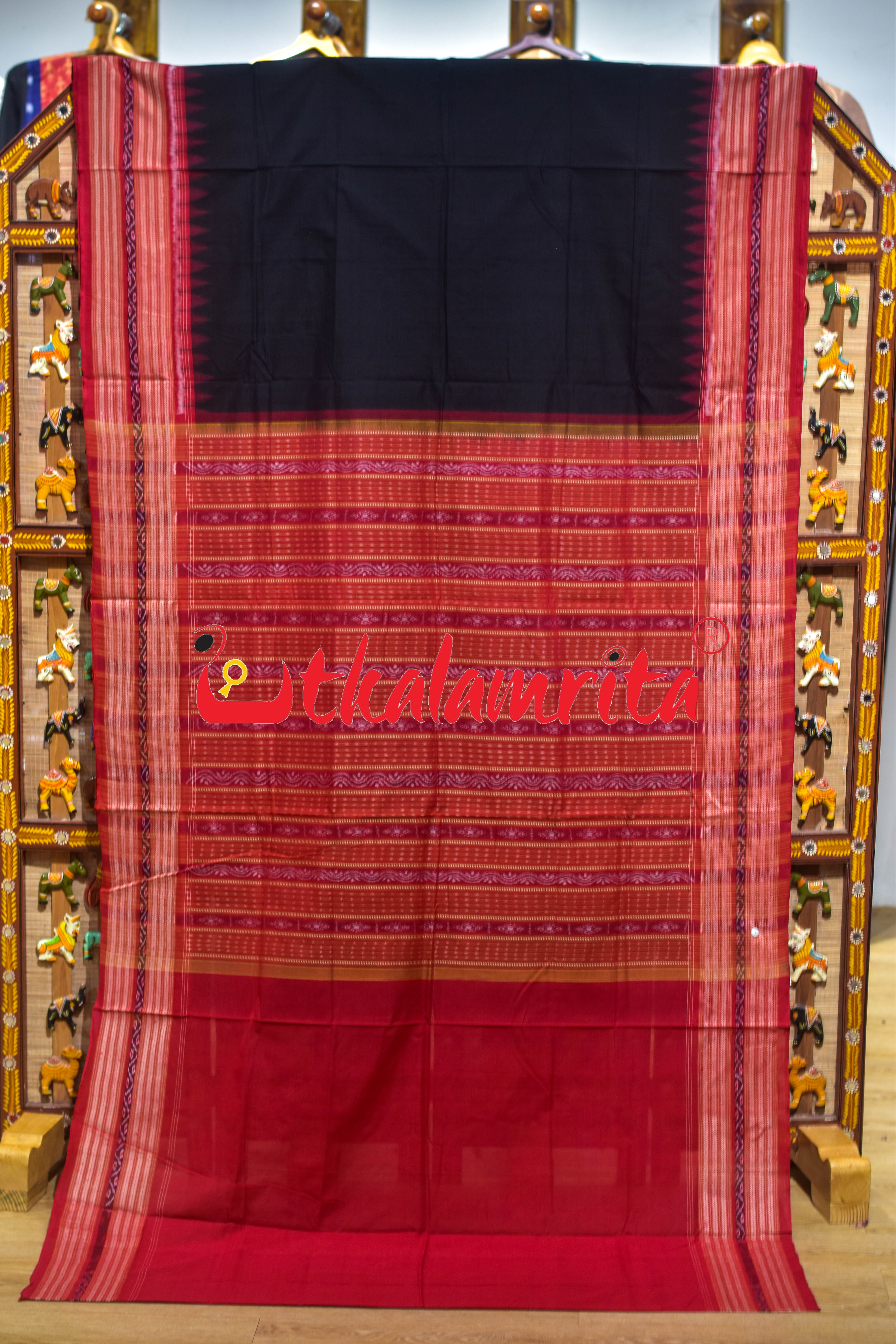 Black Red Dhadi Kangali Sambalpuri Cotton Saree