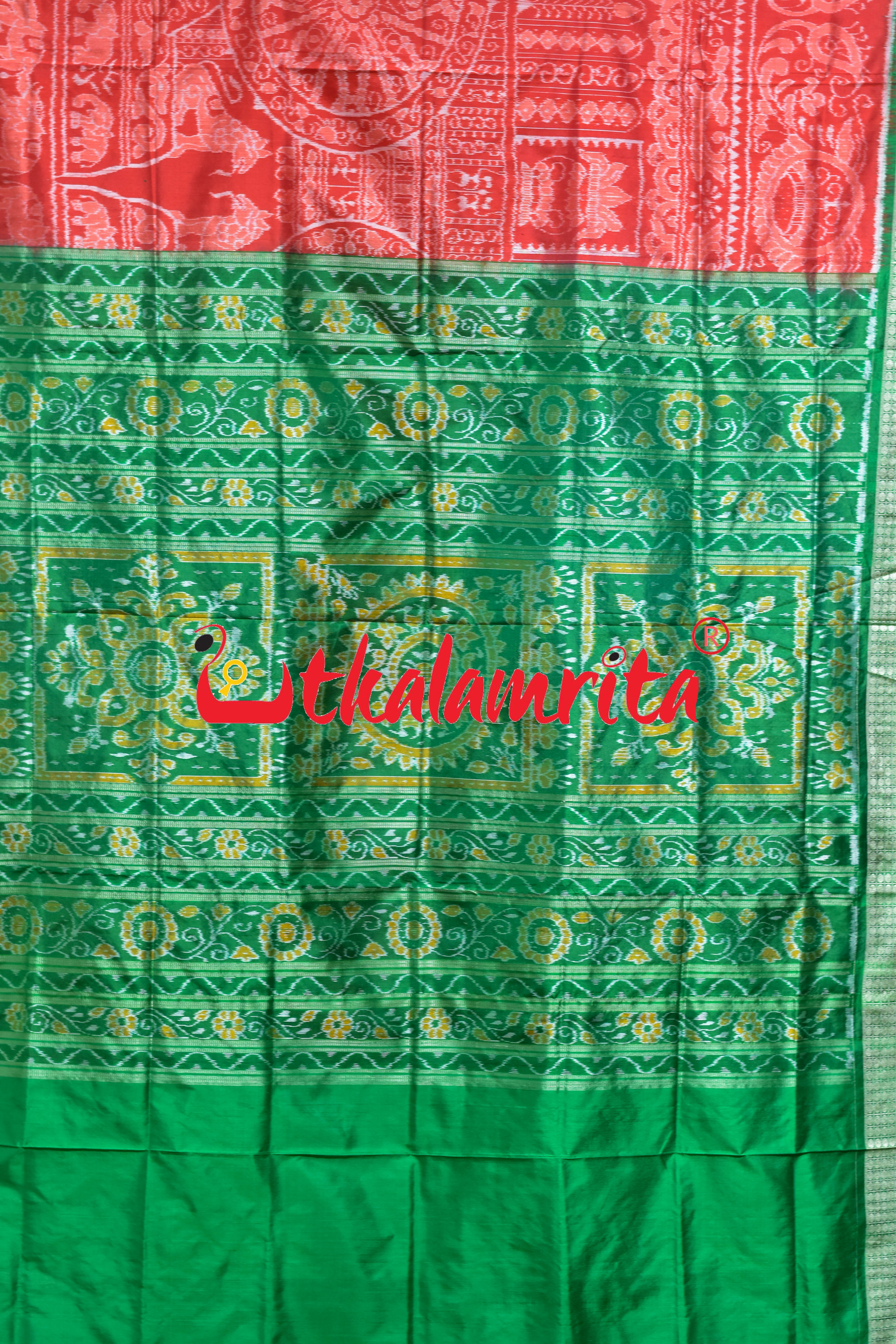 Orange Green Border Konark Theme Sambalpuri Silk Saree