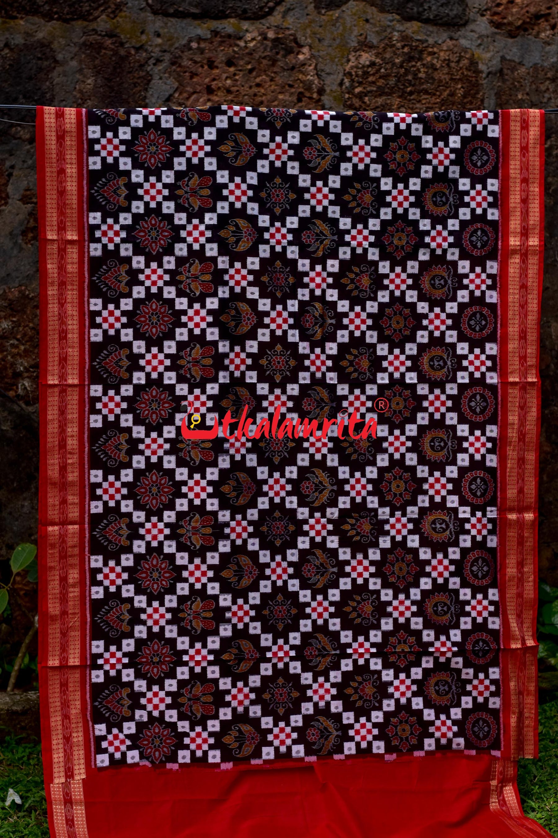 Padma Pasapali Black Red Sambalpuri Cotton Saree
