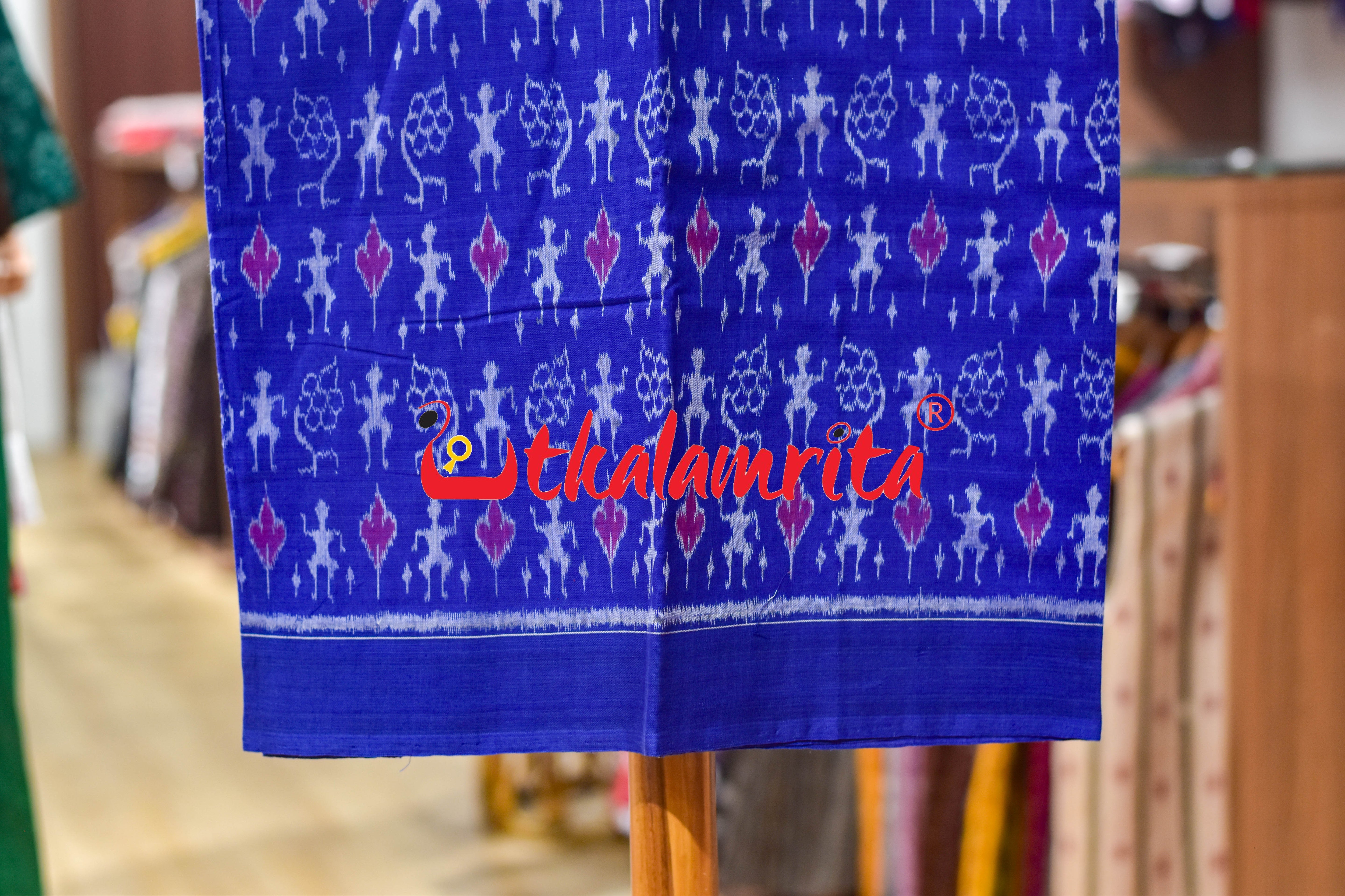 Blue Red Standing Tribals Sambalpuri Cotton Dress Set