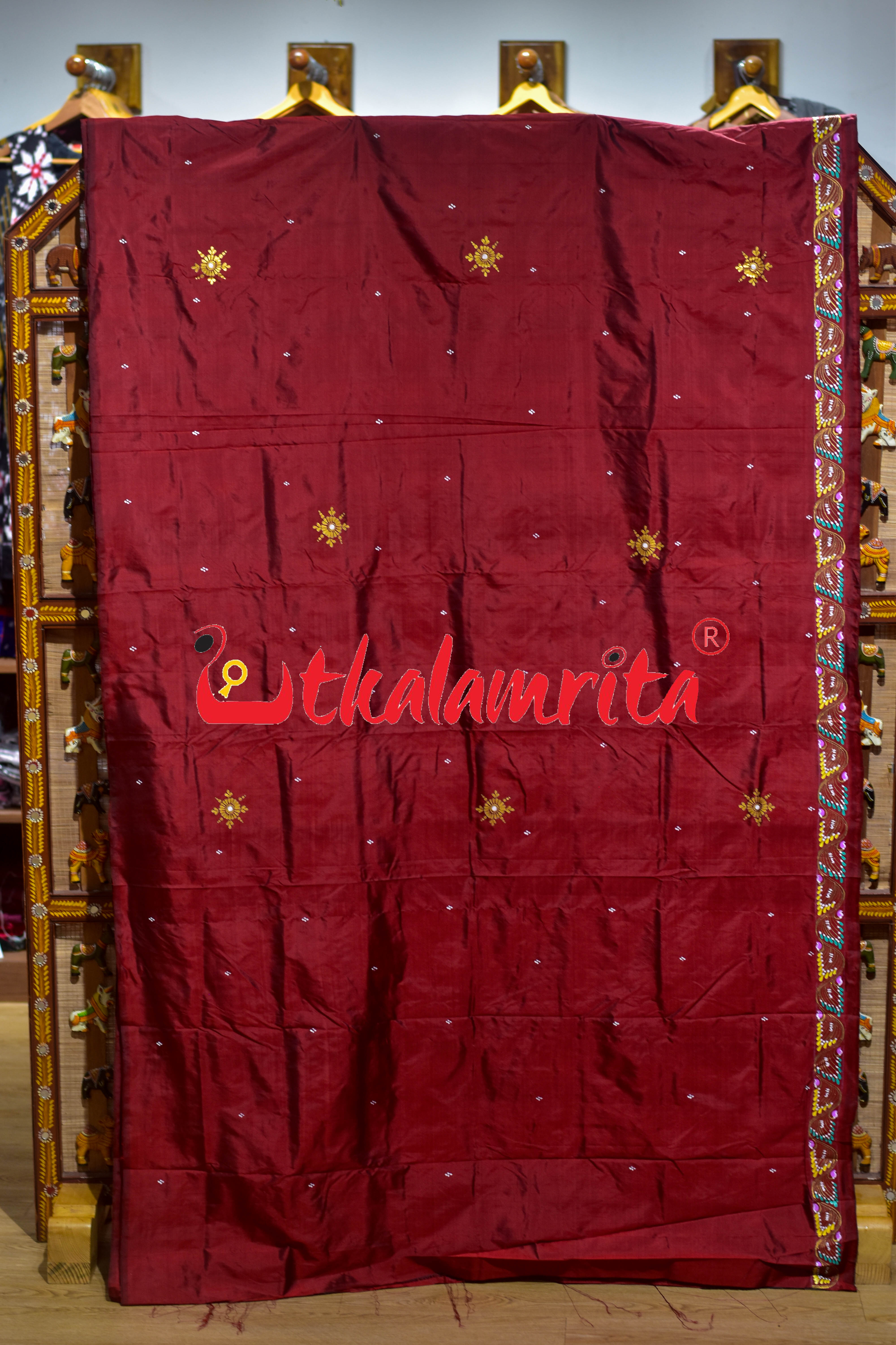 Maroon Plain Nauka Paar Pattachitra Silk Saree