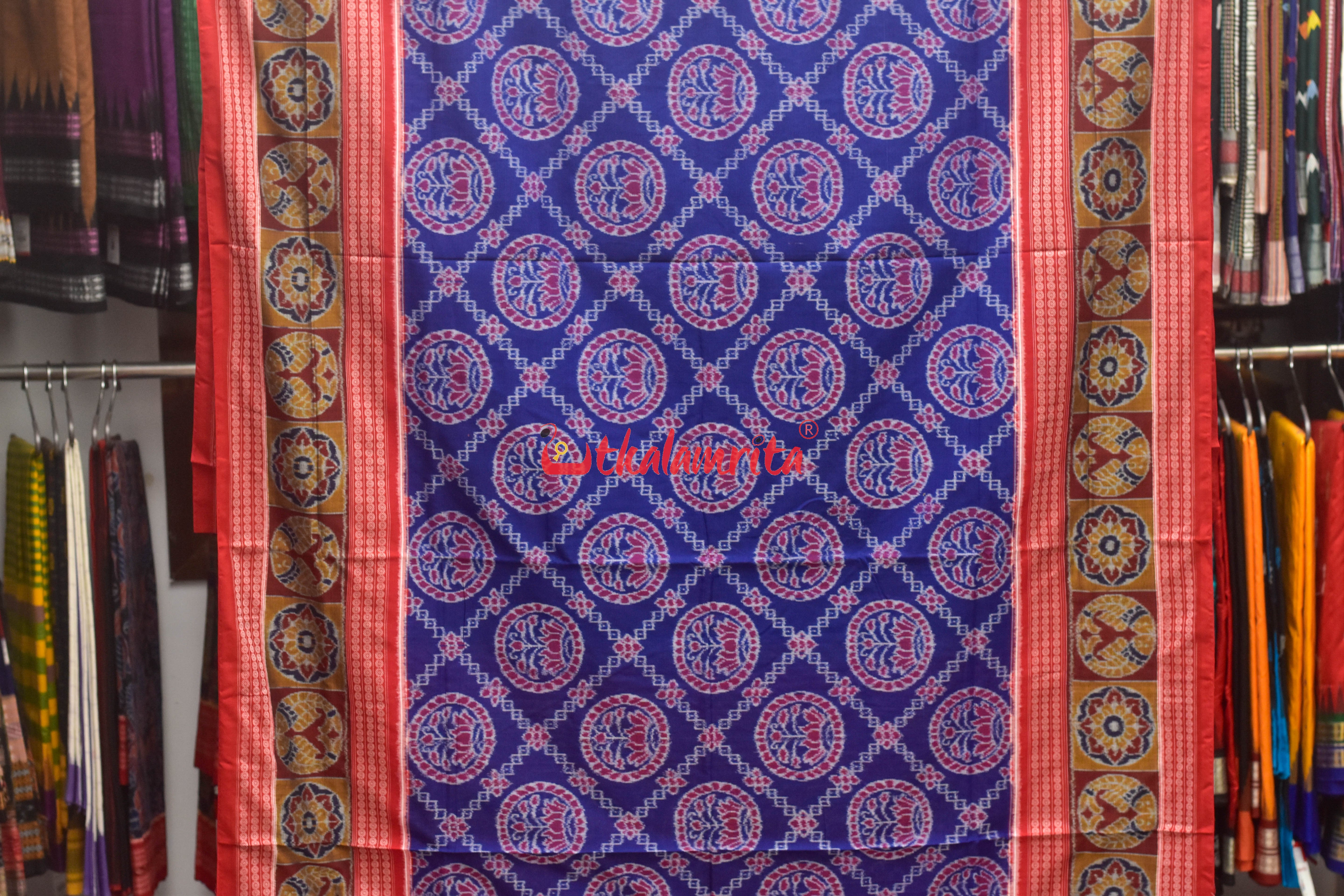 Blue Lotus Design Flower Border Sambalpuri Cotton Saree