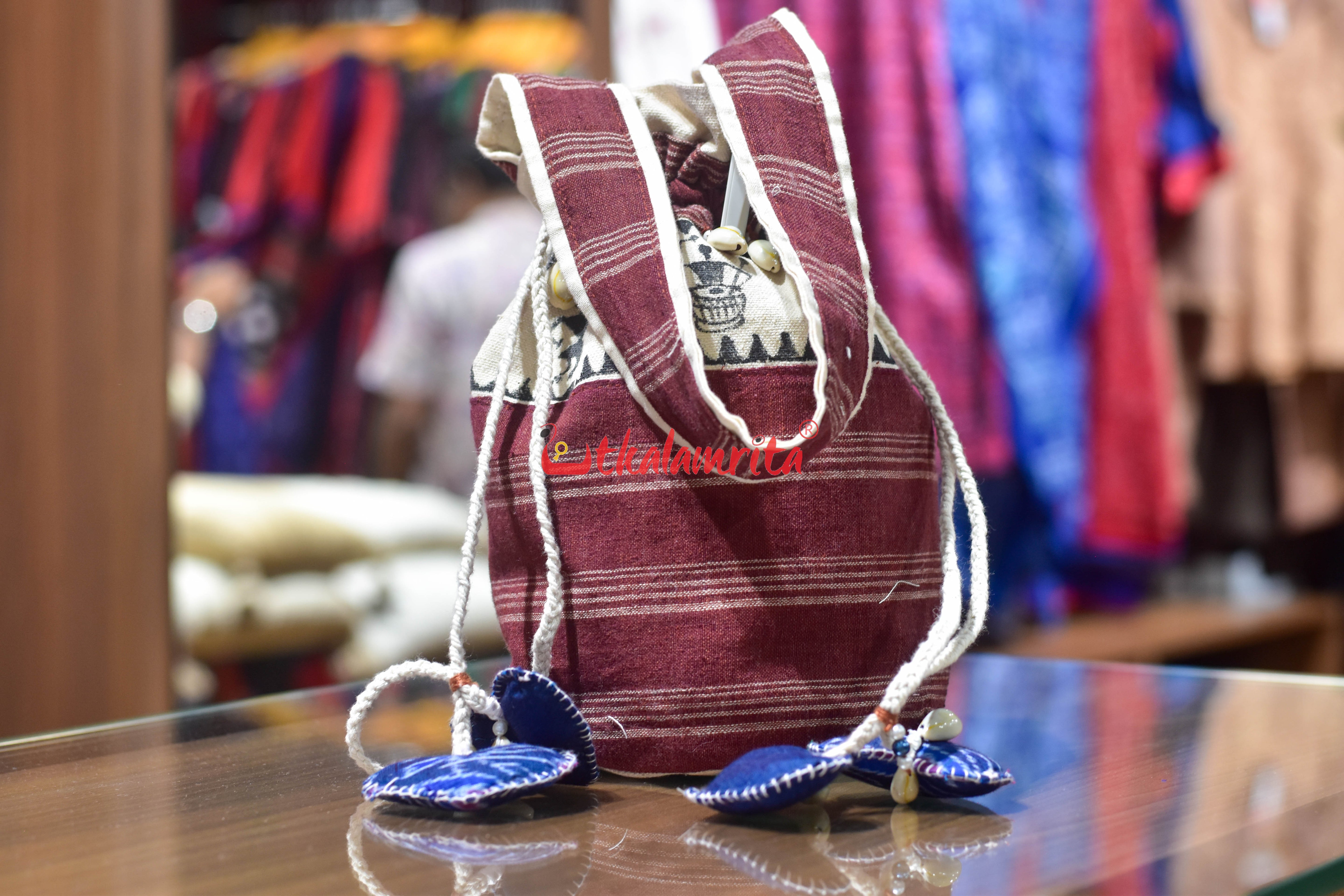 Maroon White Stripes Kotpad with Tribals Potli Bag