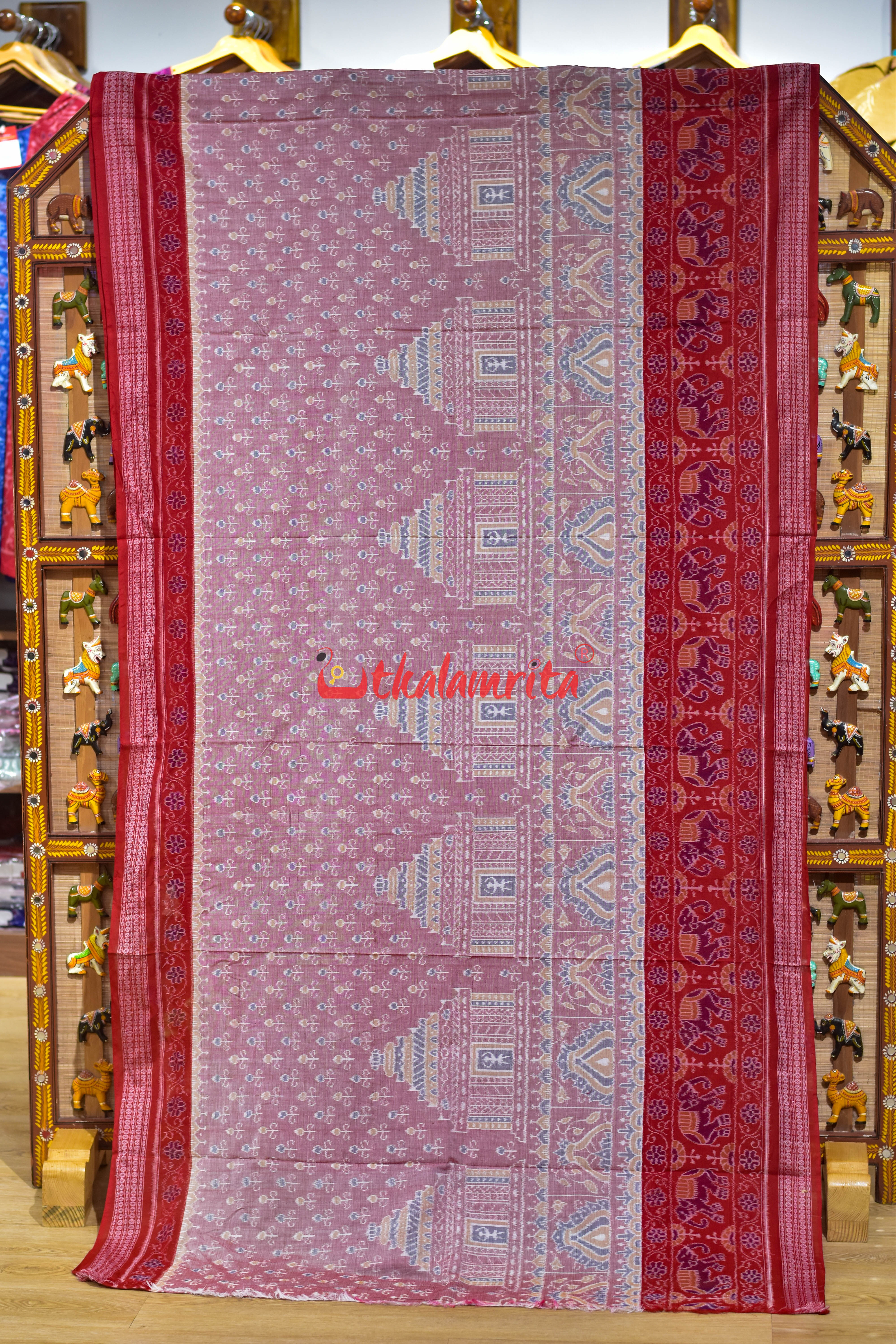 Pink Konark with Elephant Border Sambalpuri Cotton Saree