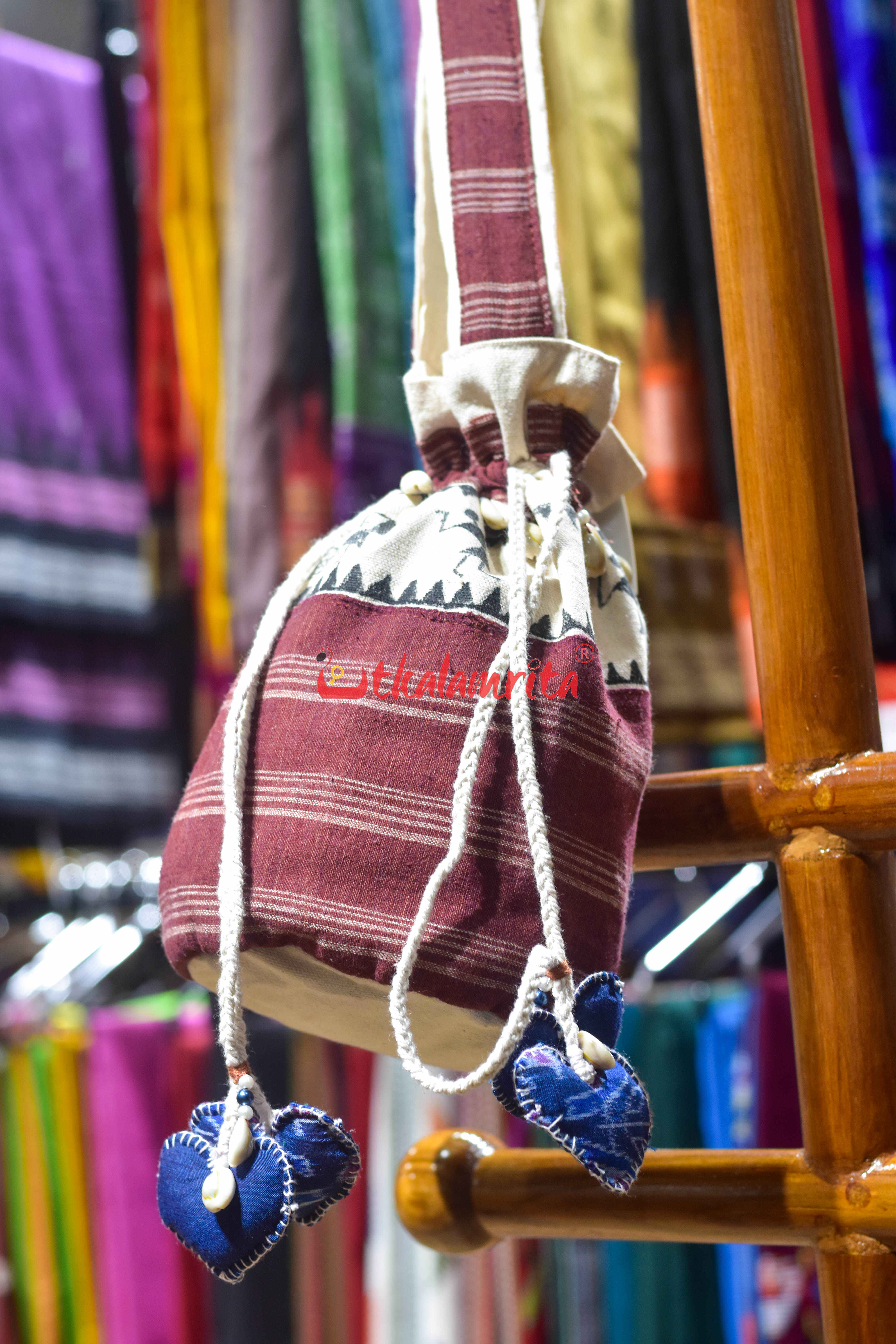 Maroon White Stripes Kotpad with Tribals Potli Bag