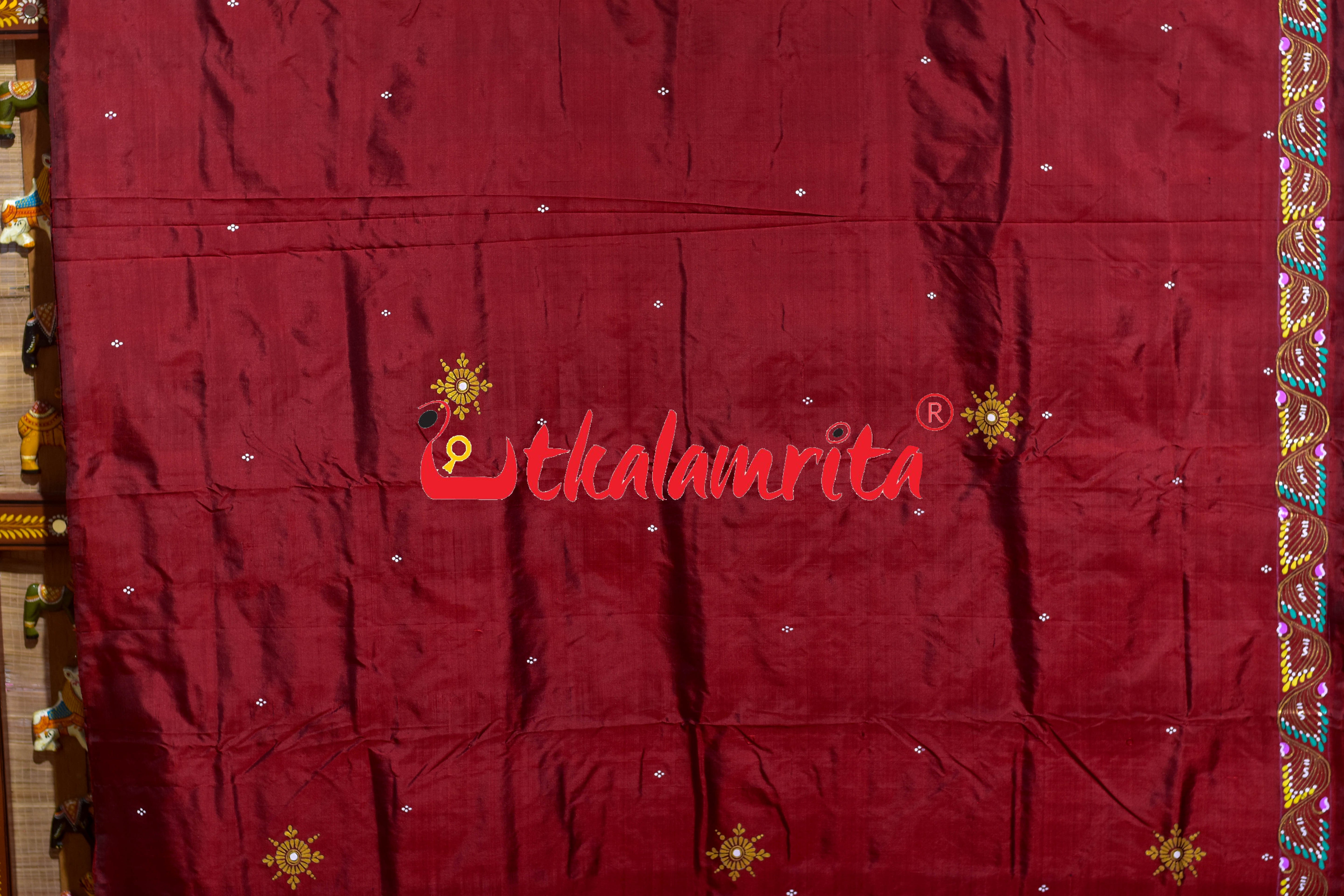 Maroon Plain Nauka Paar Pattachitra Silk Saree