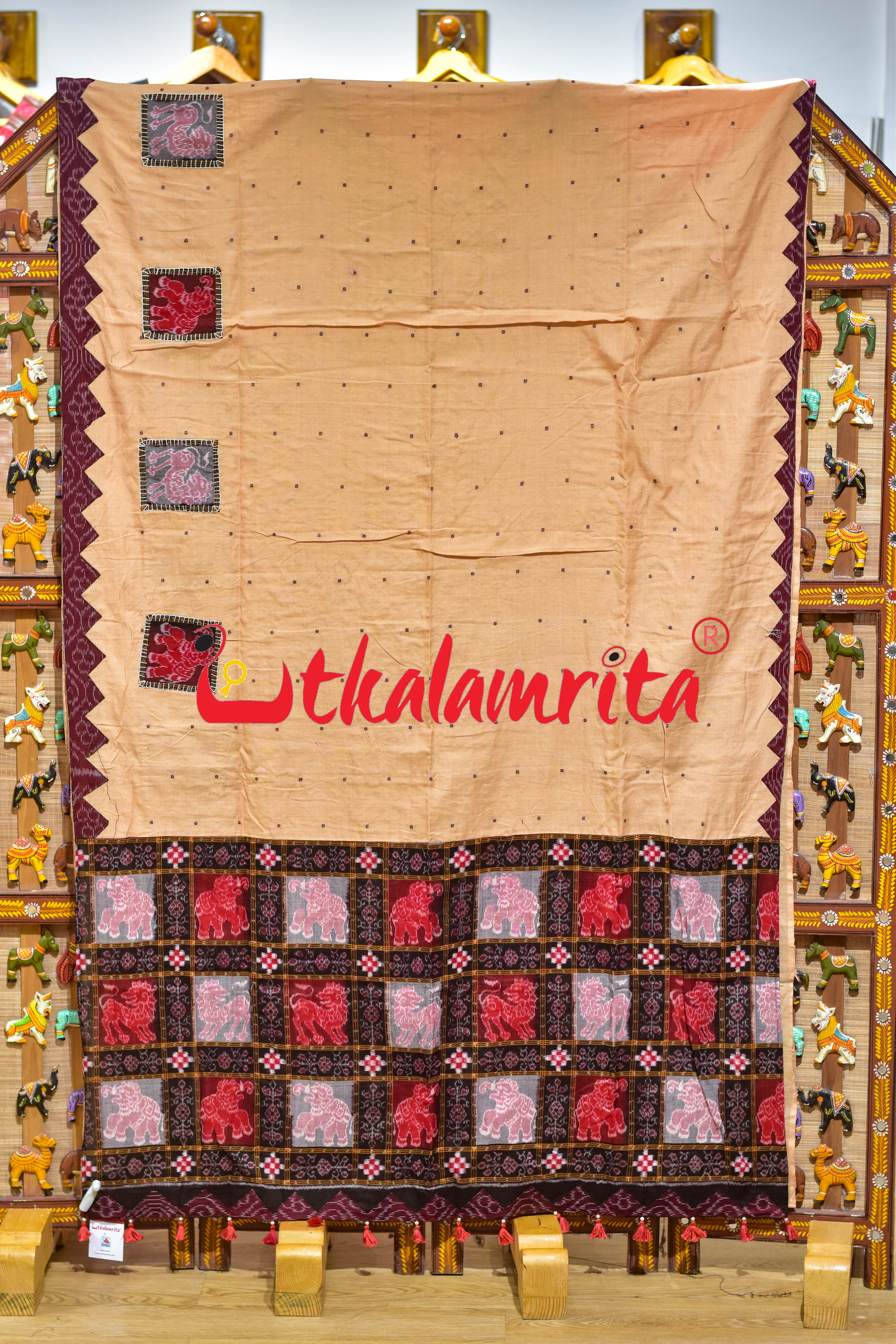 Cream with Maroon Buti Elephant Designer Cotton Saree