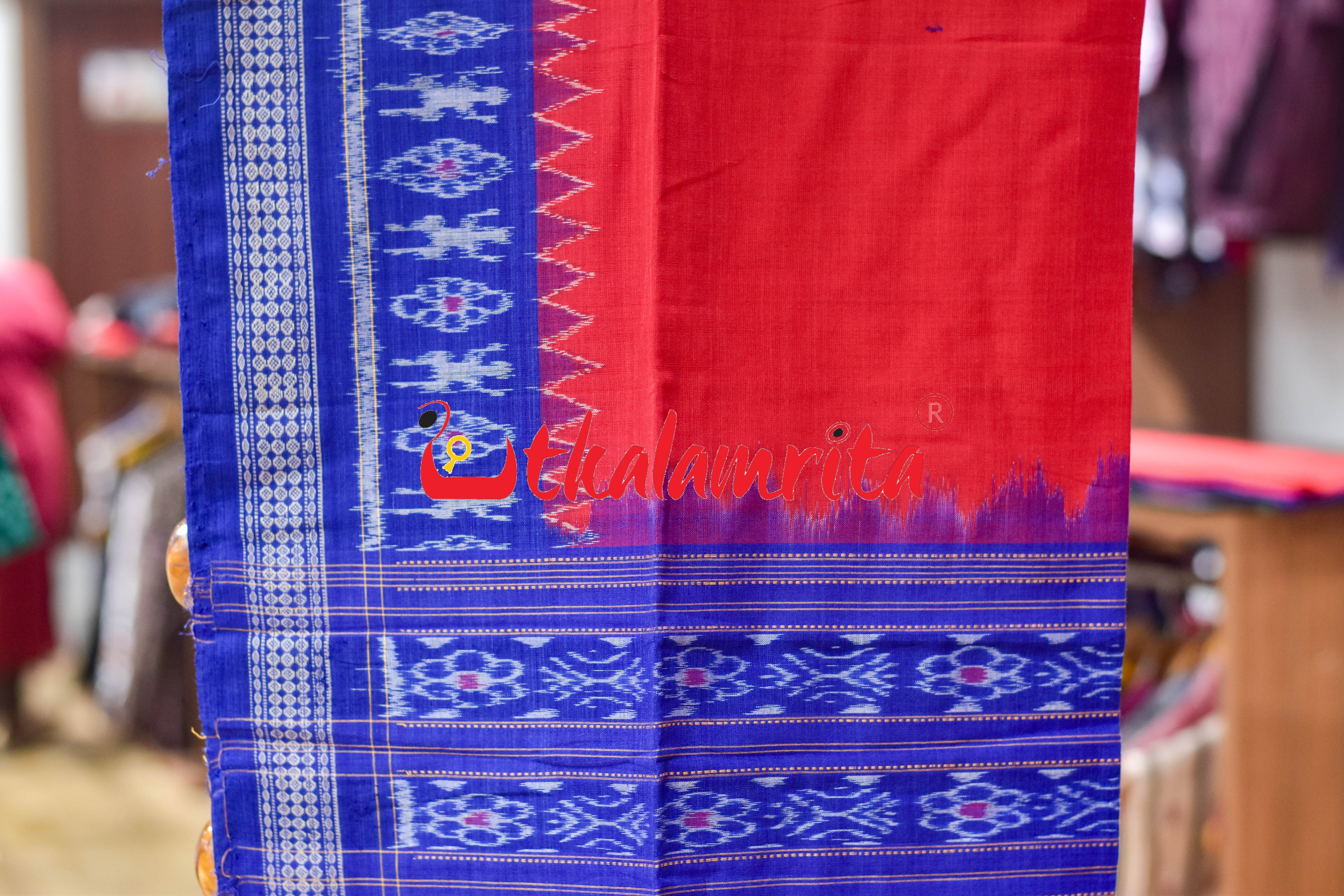 Blue Red Standing Tribals Sambalpuri Cotton Dress Set