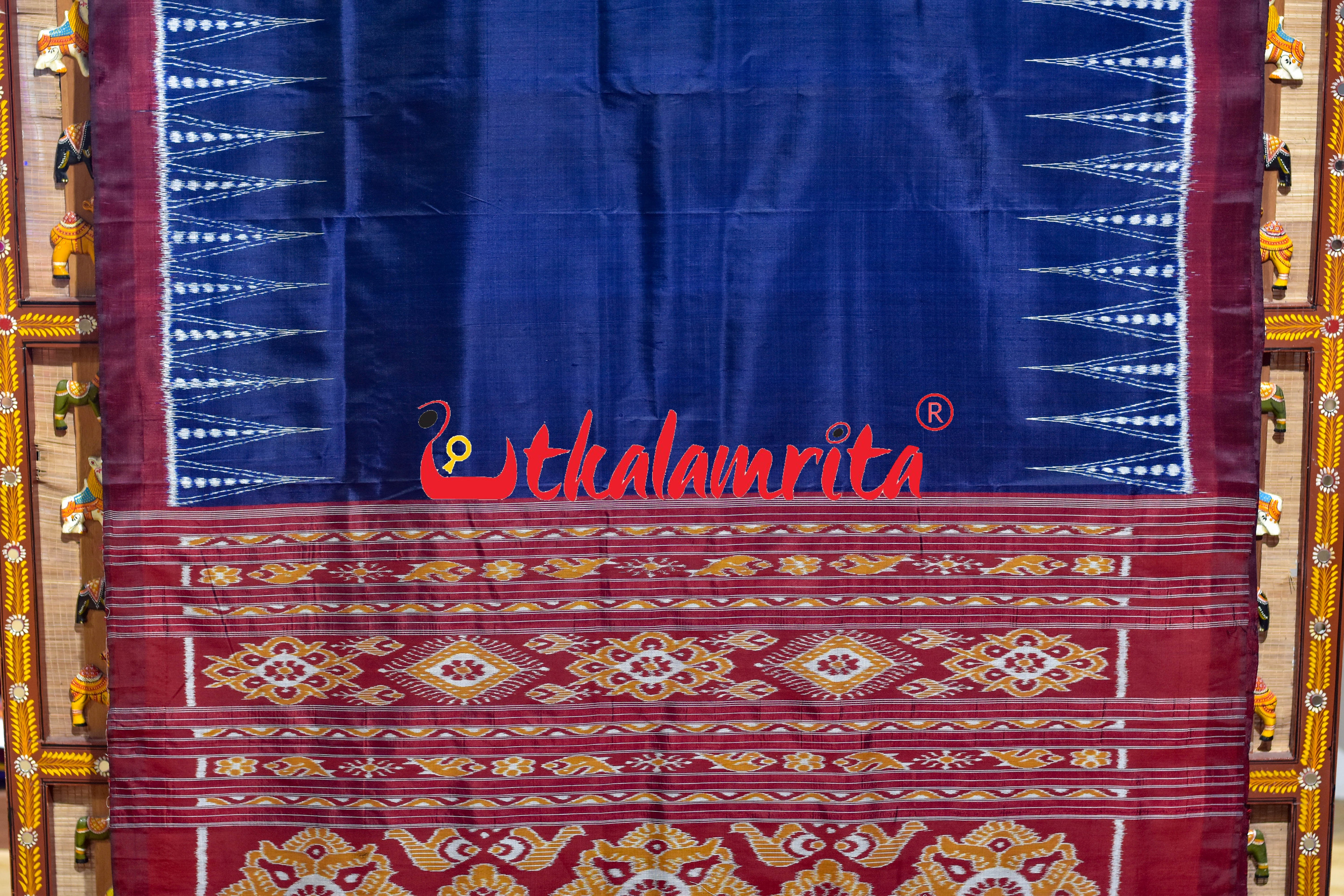 Prussian Blue Maroon Temples Jhoti Anchal Khandua Silk Saree