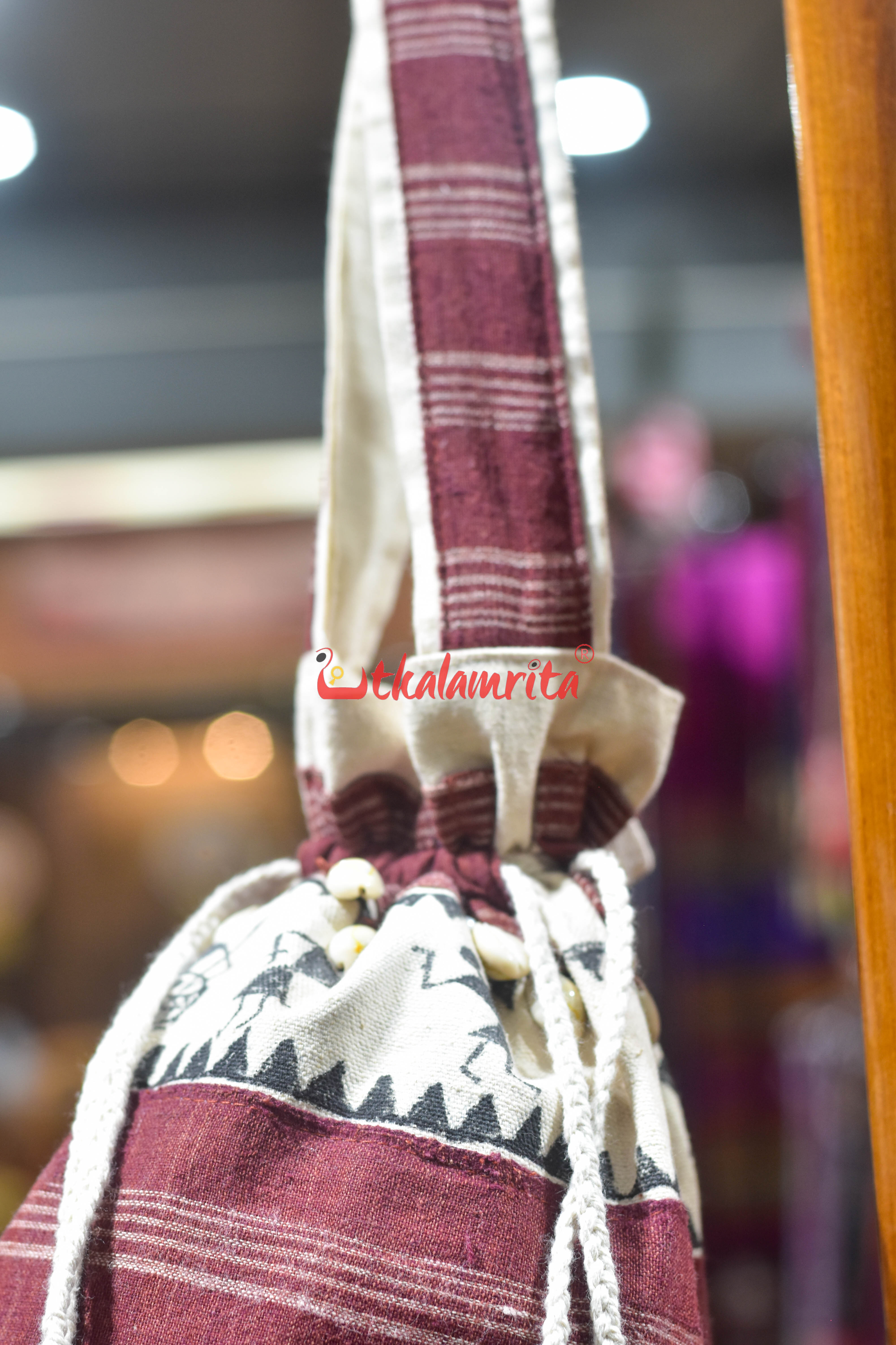 Maroon White Stripes Kotpad with Tribals Potli Bag