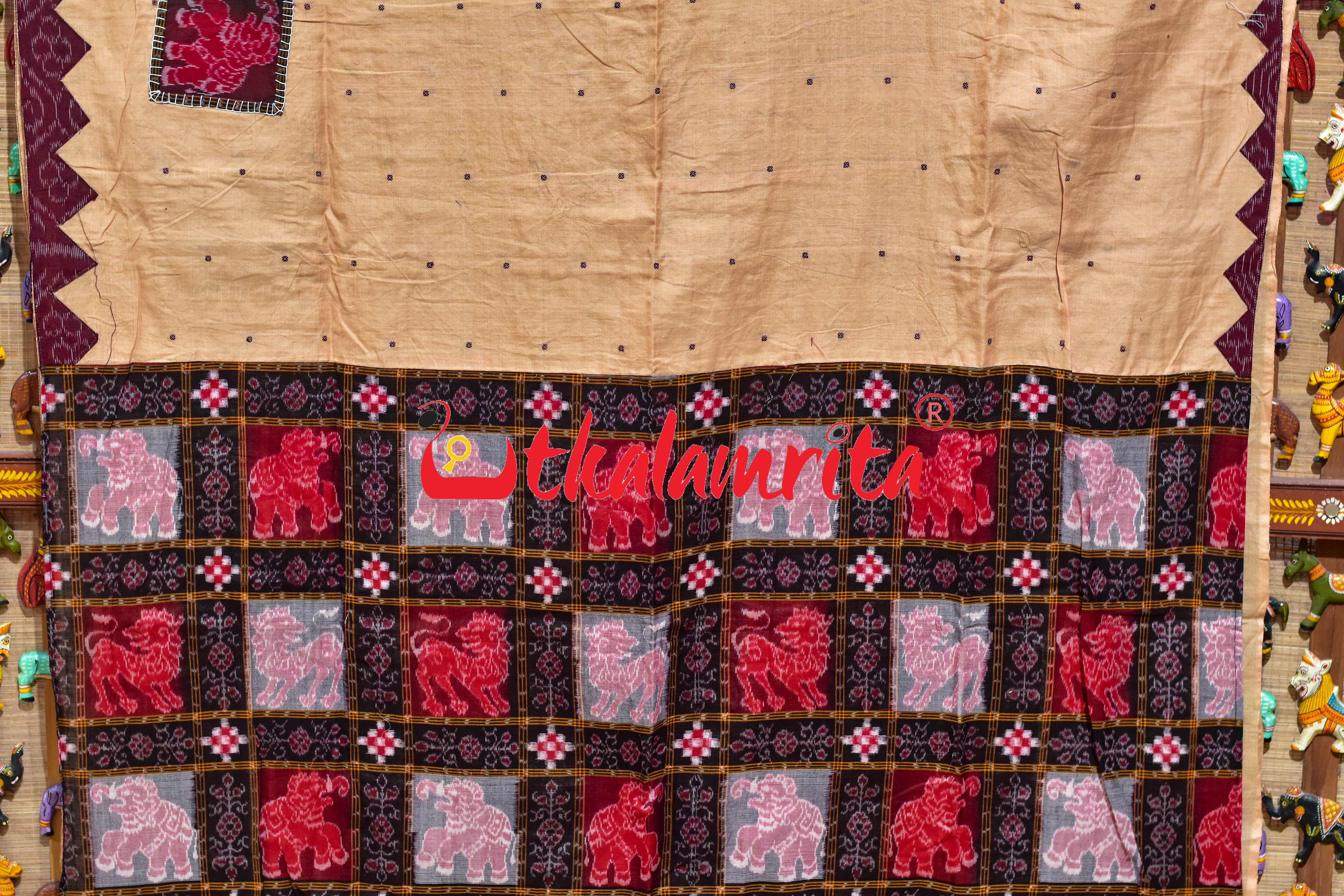 Cream with Maroon Buti Elephant Designer Cotton Saree