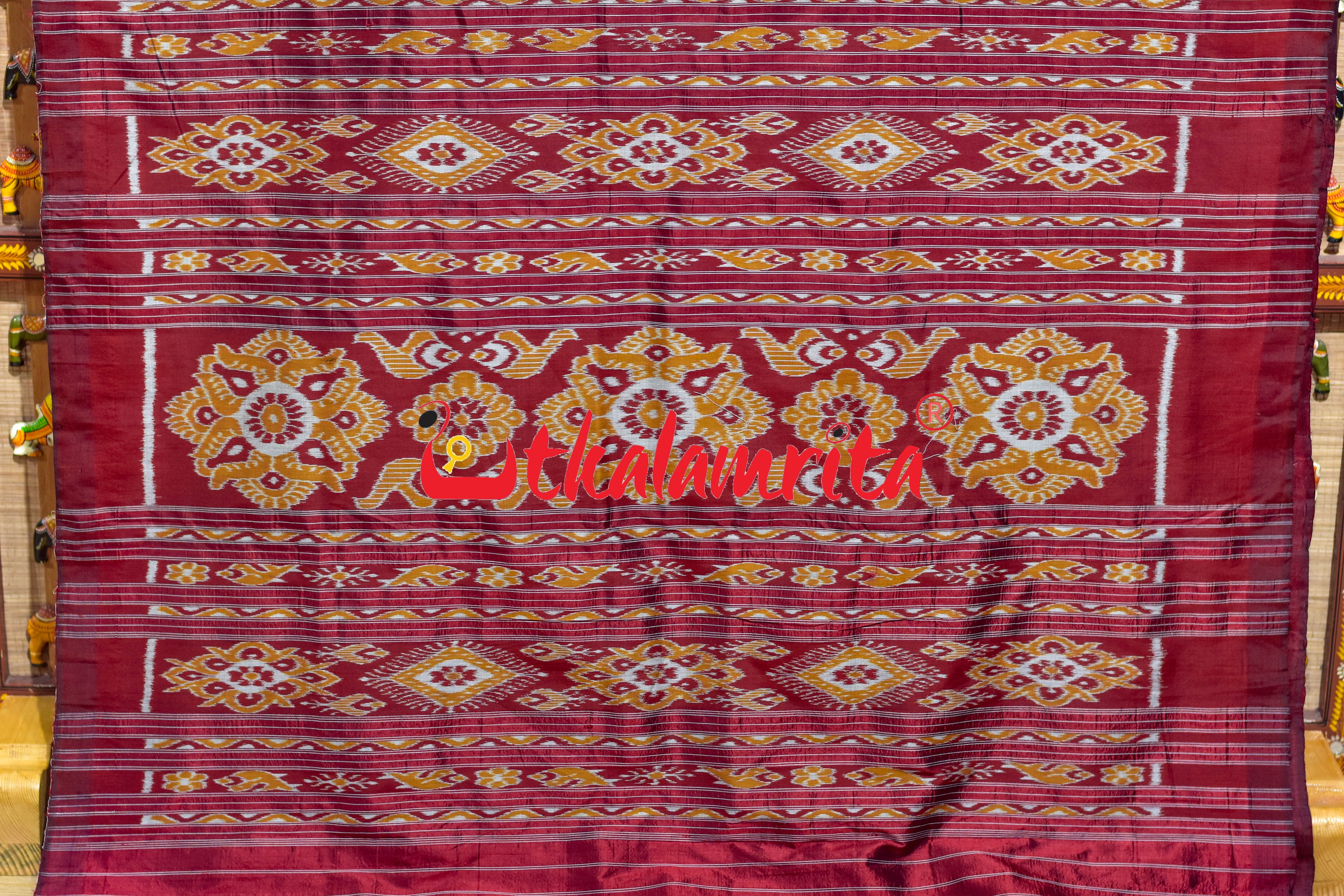 Prussian Blue Maroon Temples Jhoti Anchal Khandua Silk Saree