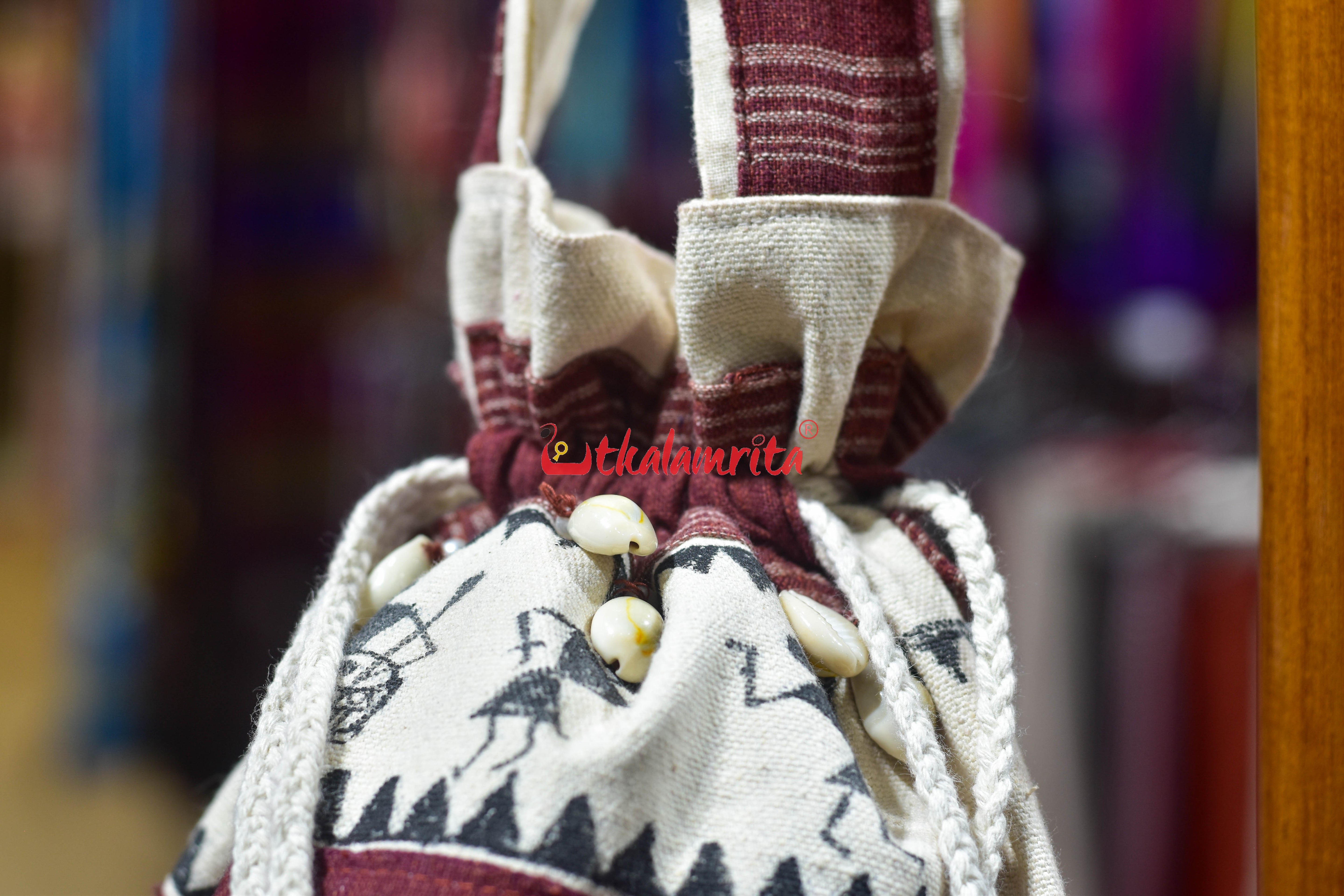 Maroon White Stripes Kotpad with Tribals Potli Bag