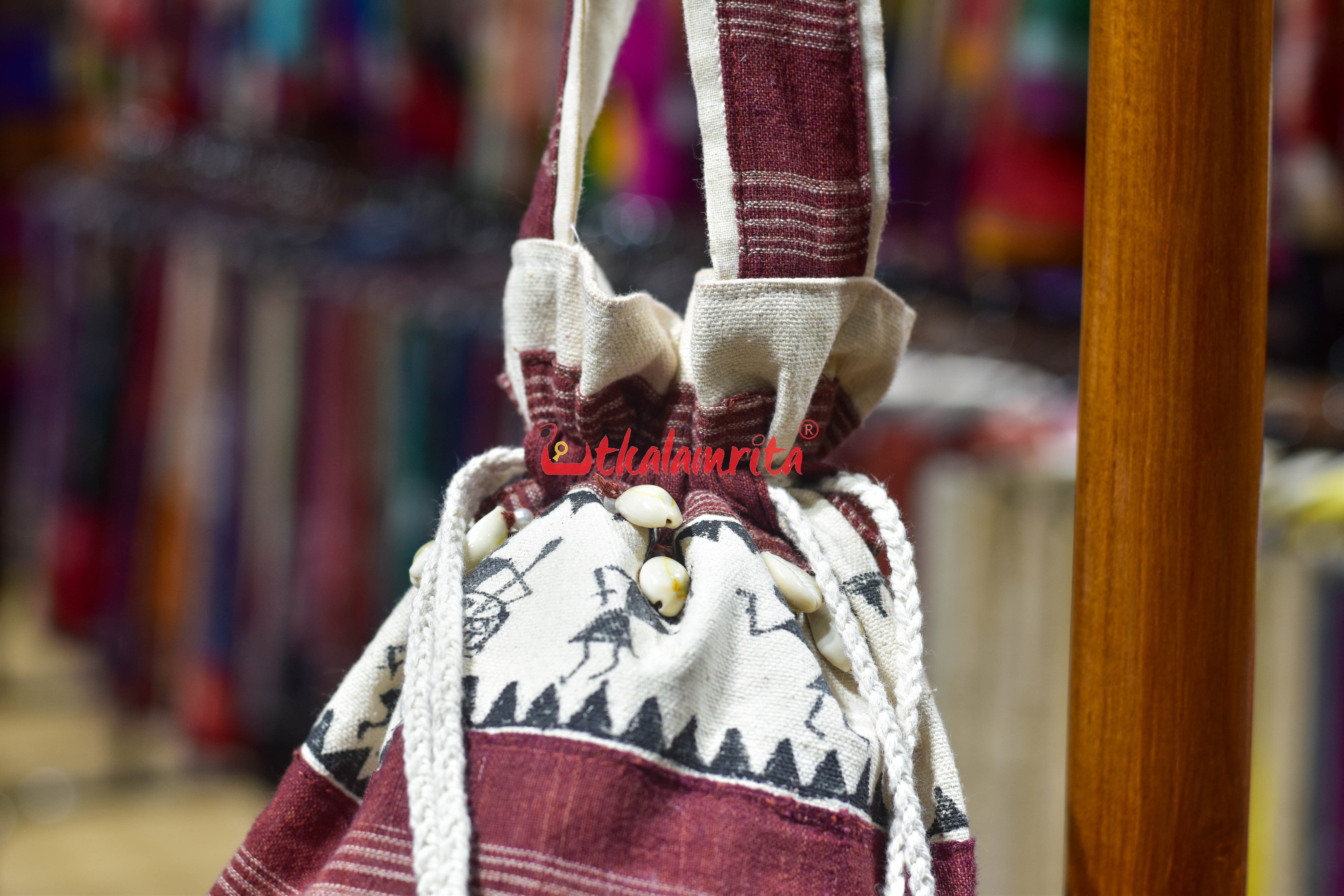 Maroon White Stripes Kotpad with Tribals Potli Bag
