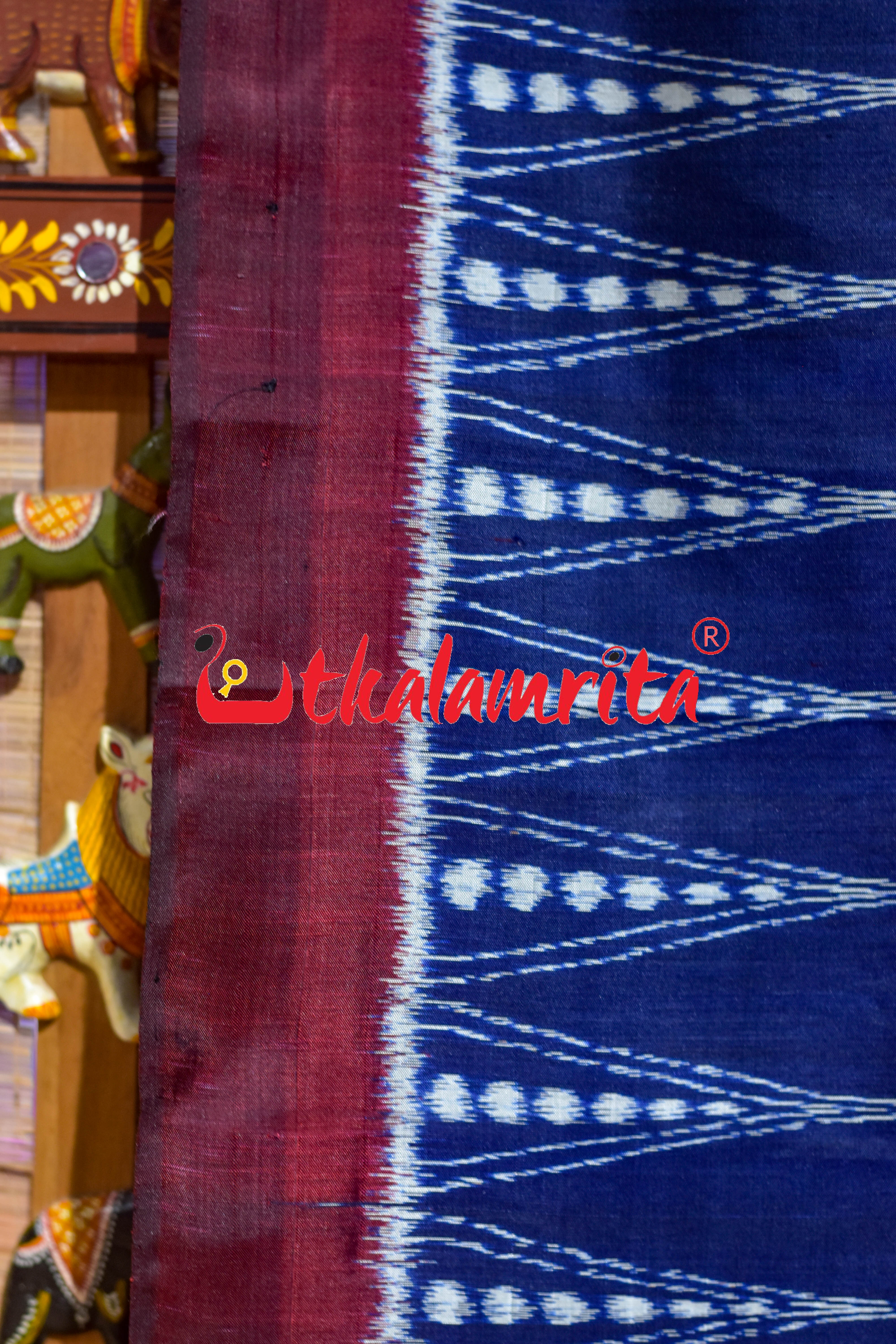 Prussian Blue Maroon Temples Jhoti Anchal Khandua Silk Saree