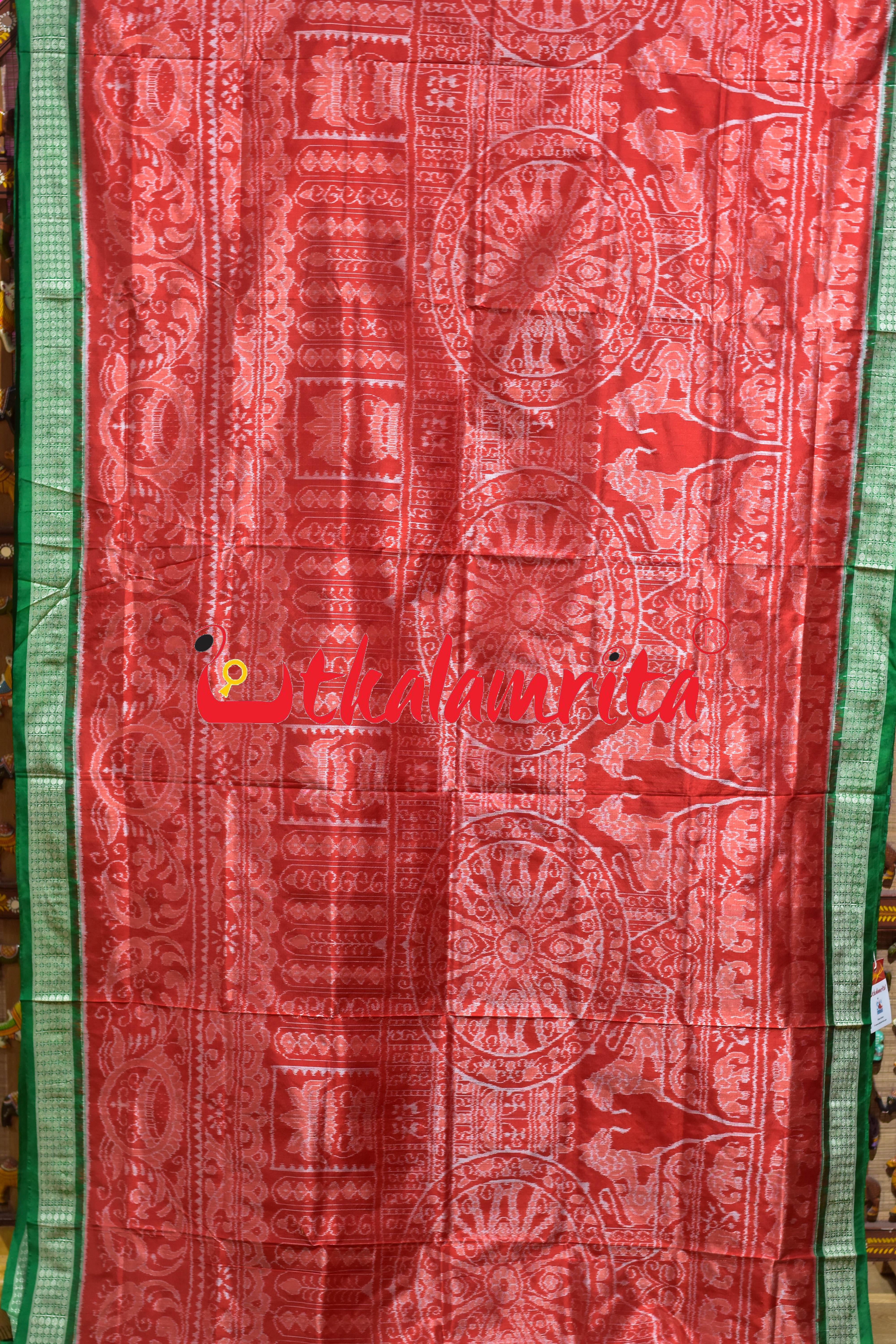 Orange Green Border Konark Theme Sambalpuri Silk Saree