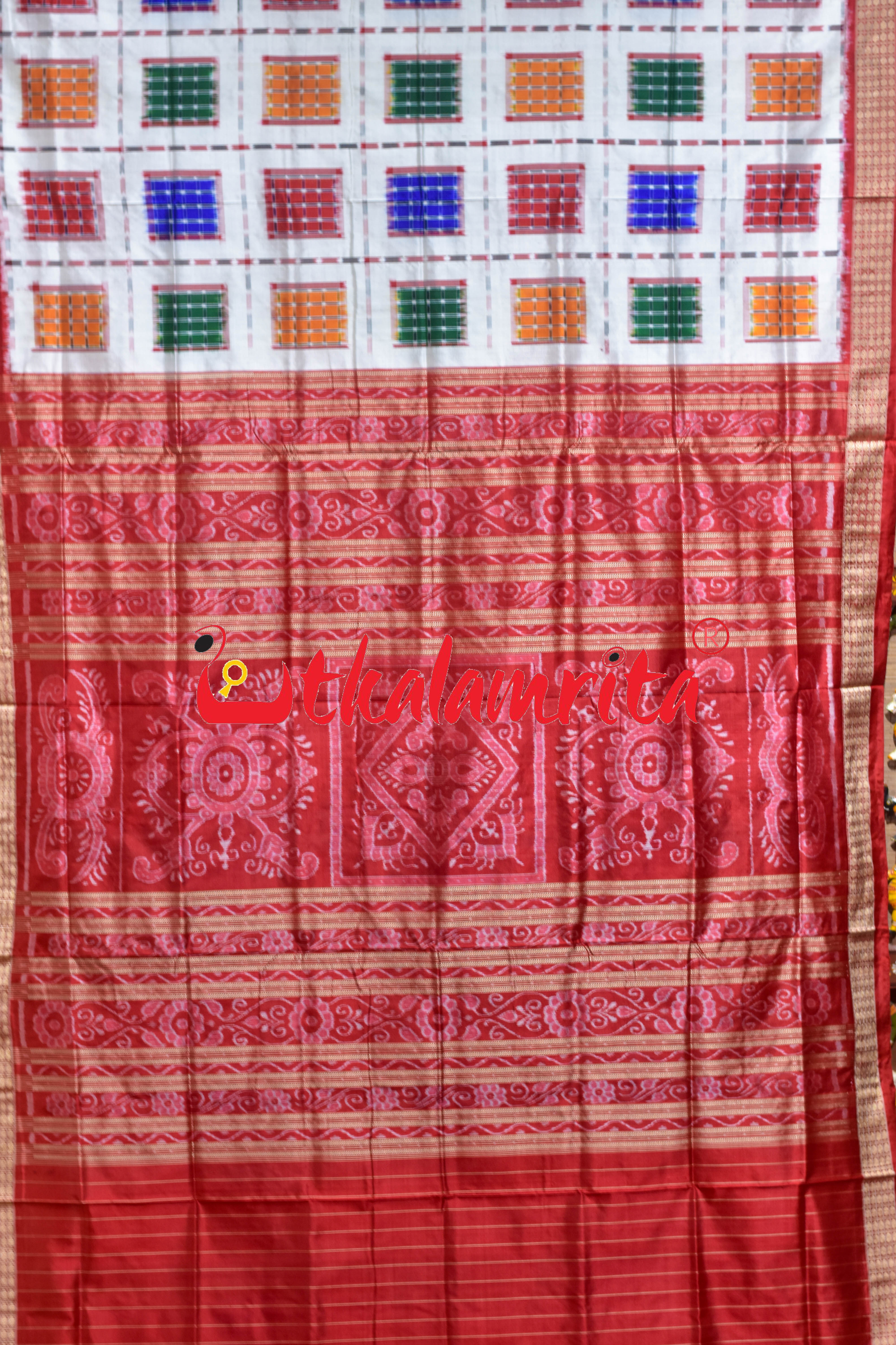 White Red Big Aswini Sambalpuri Silk Saree