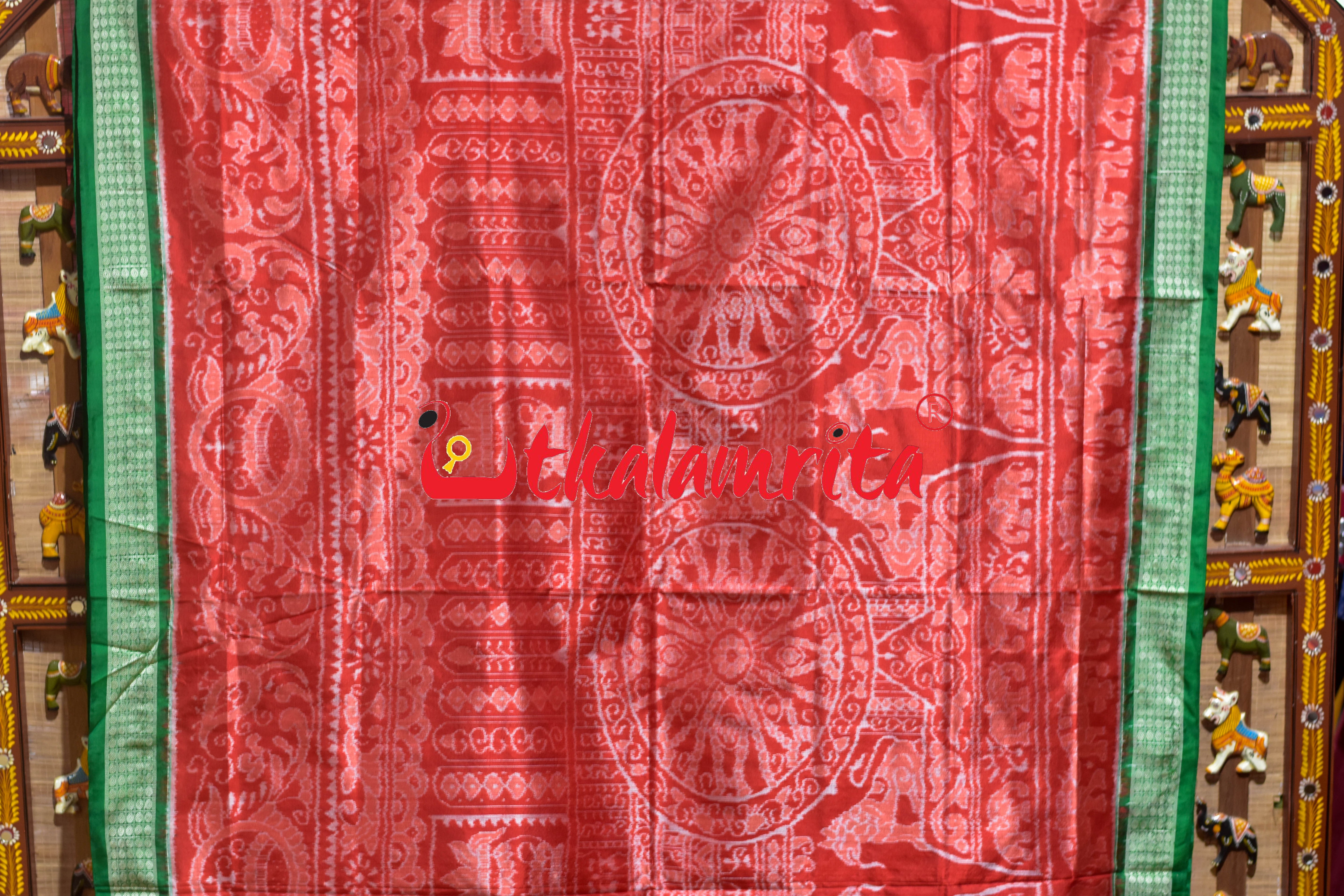 Orange Green Border Konark Theme Sambalpuri Silk Saree