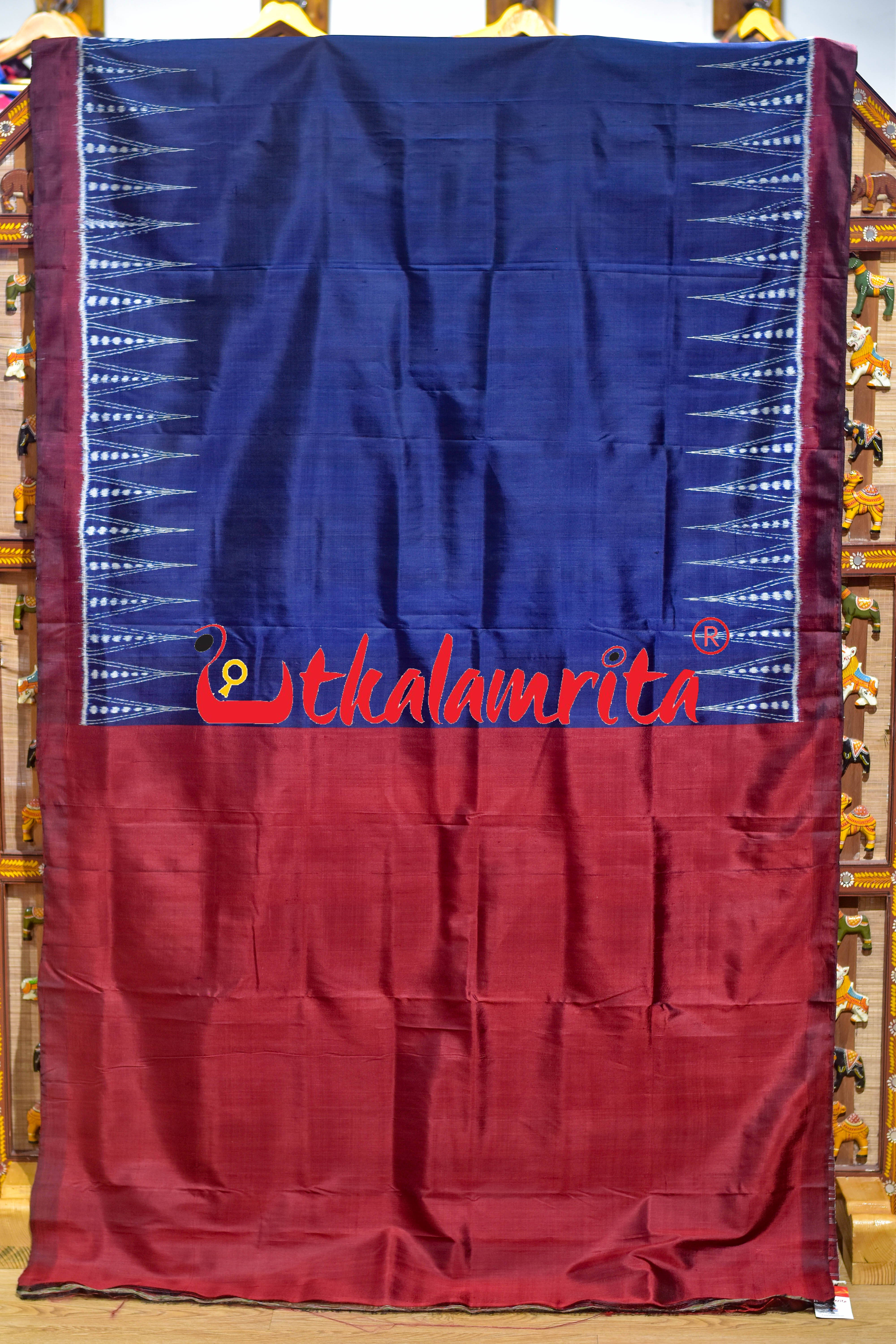 Prussian Blue Maroon Temples Jhoti Anchal Khandua Silk Saree
