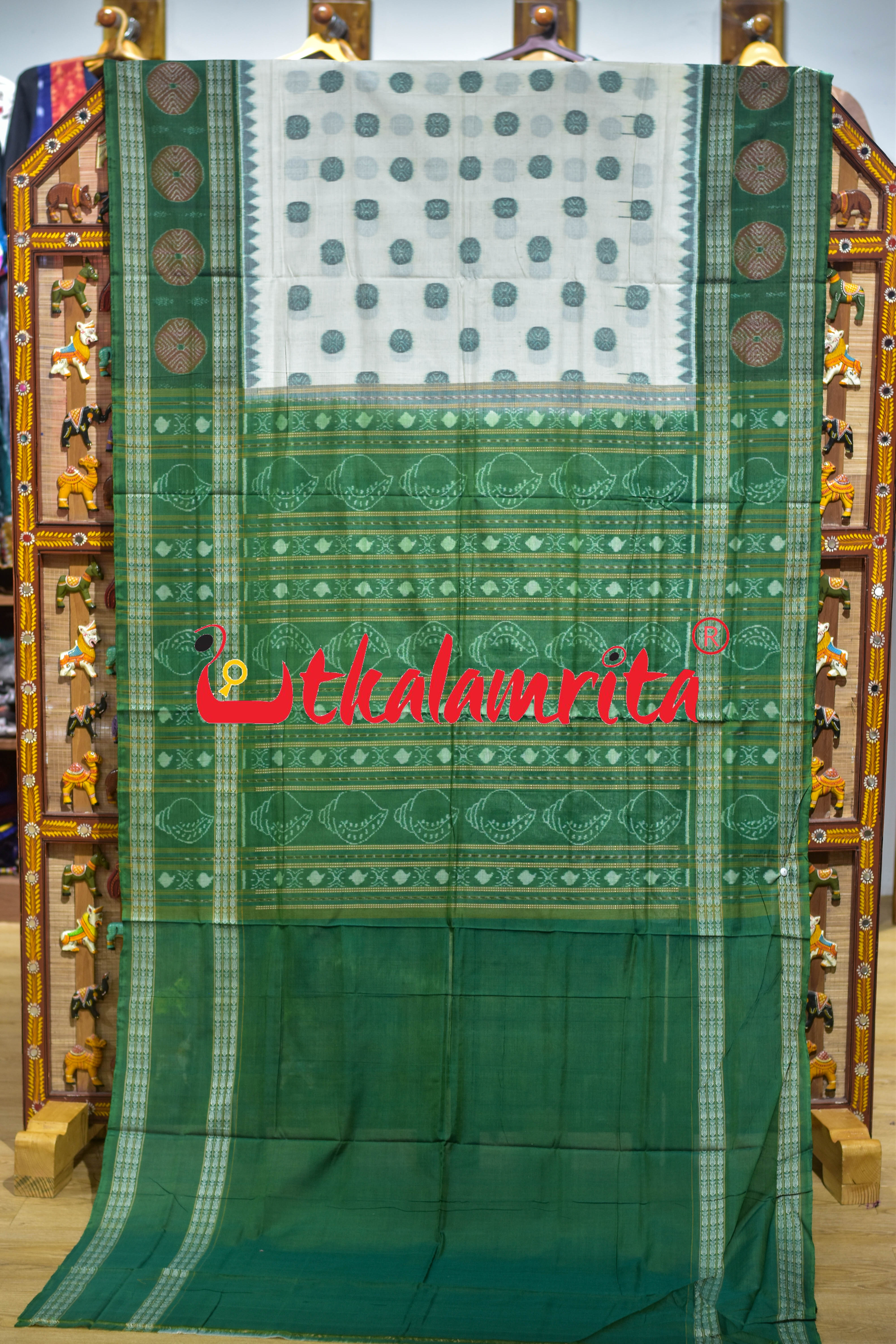 White Green Dhadi Chakra Sambalpuri Cotton Saree