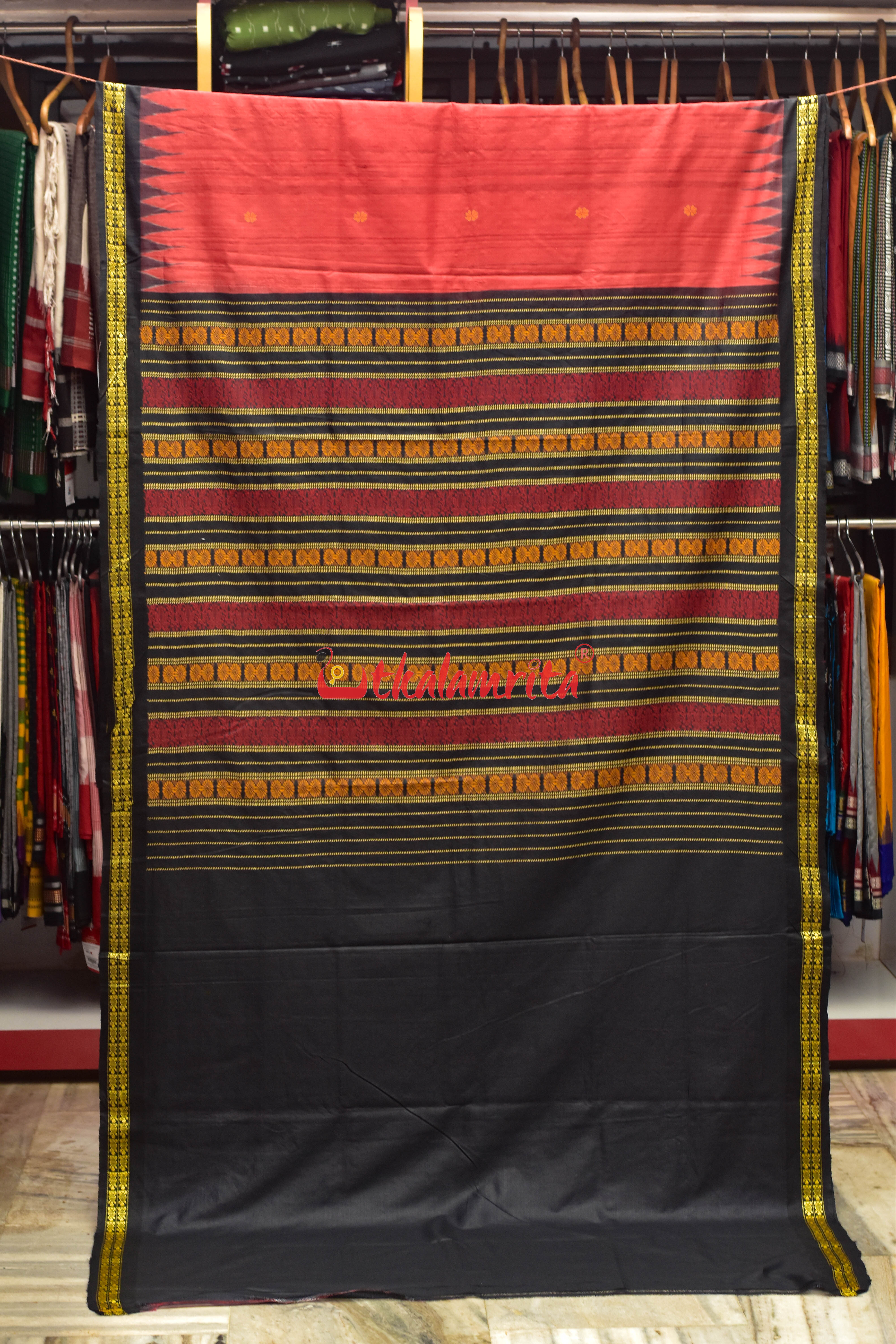 Red Black Tortoise Border Jaala Anchal Tussar Saree