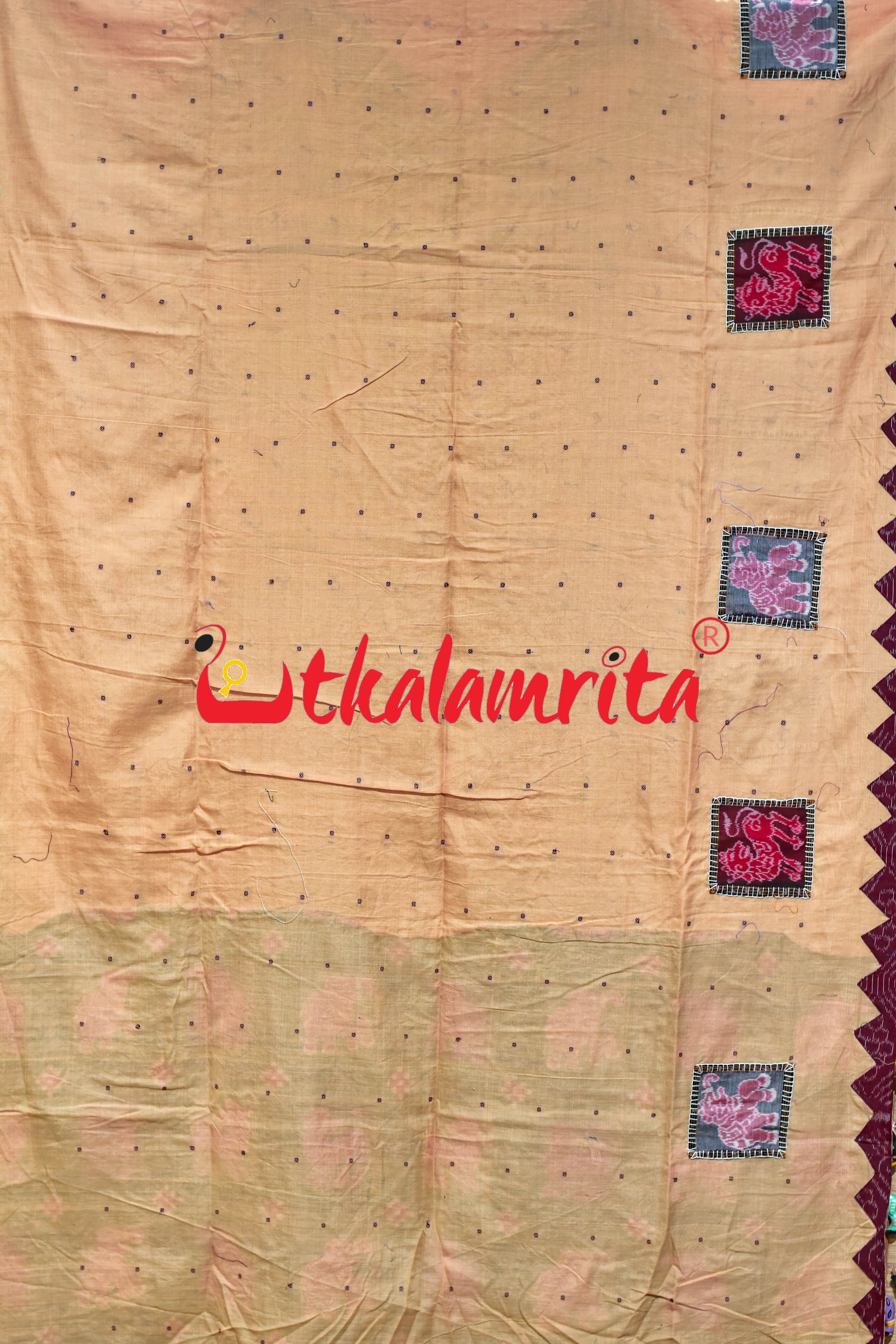 Cream with Maroon Buti Elephant Designer Cotton Saree