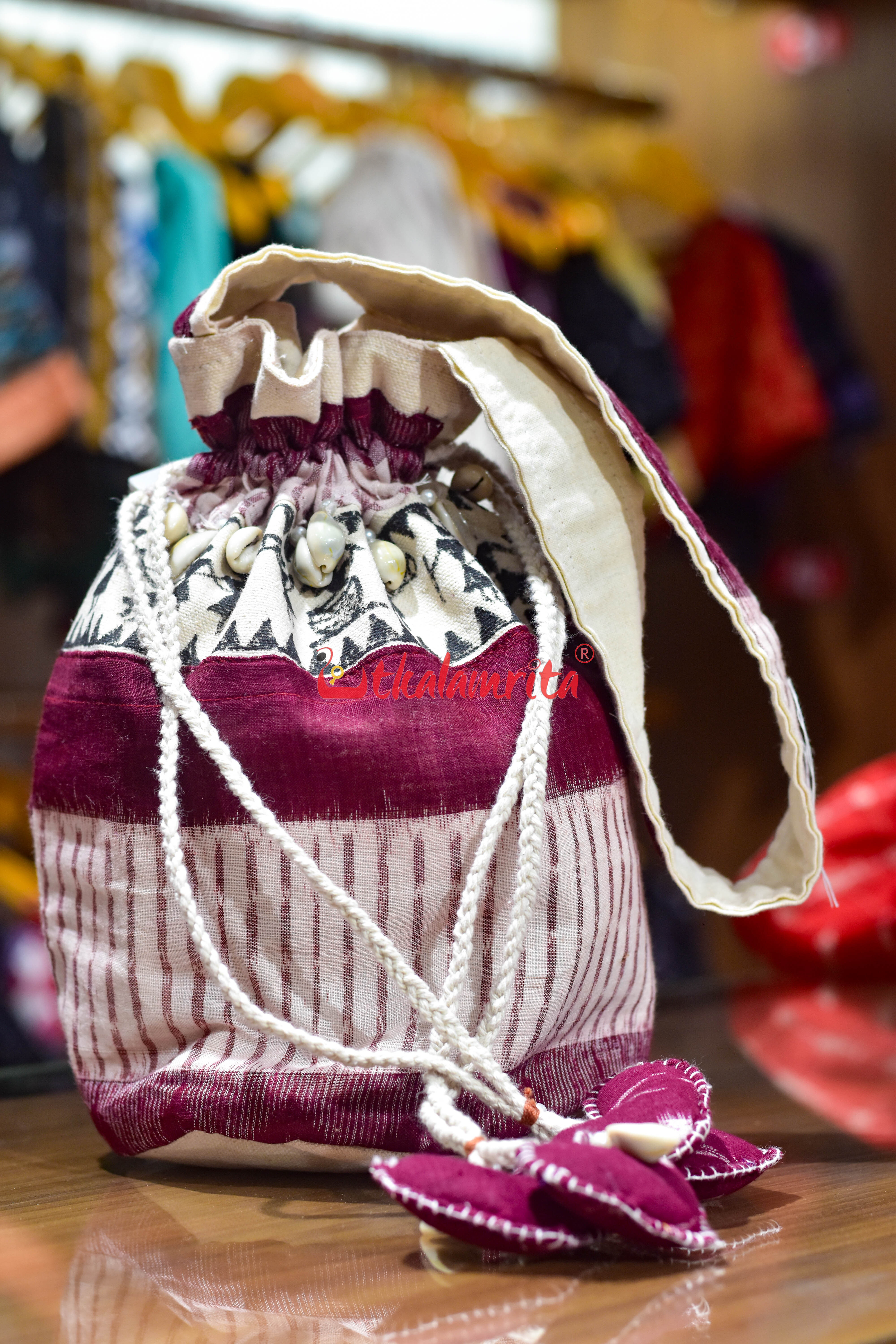 Maroon White Stripes with Tribals Potli Bag
