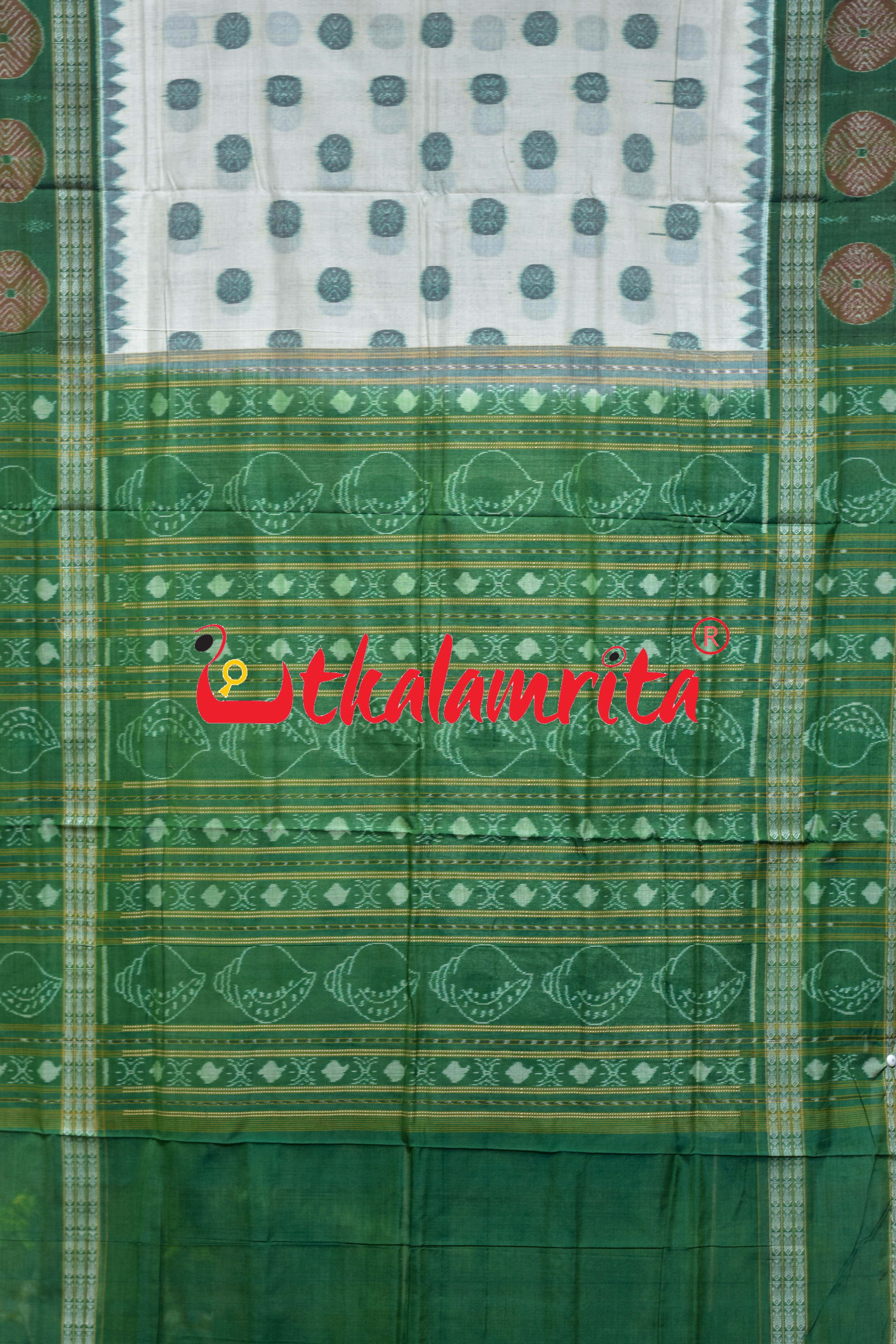 White Green Dhadi Chakra Sambalpuri Cotton Saree