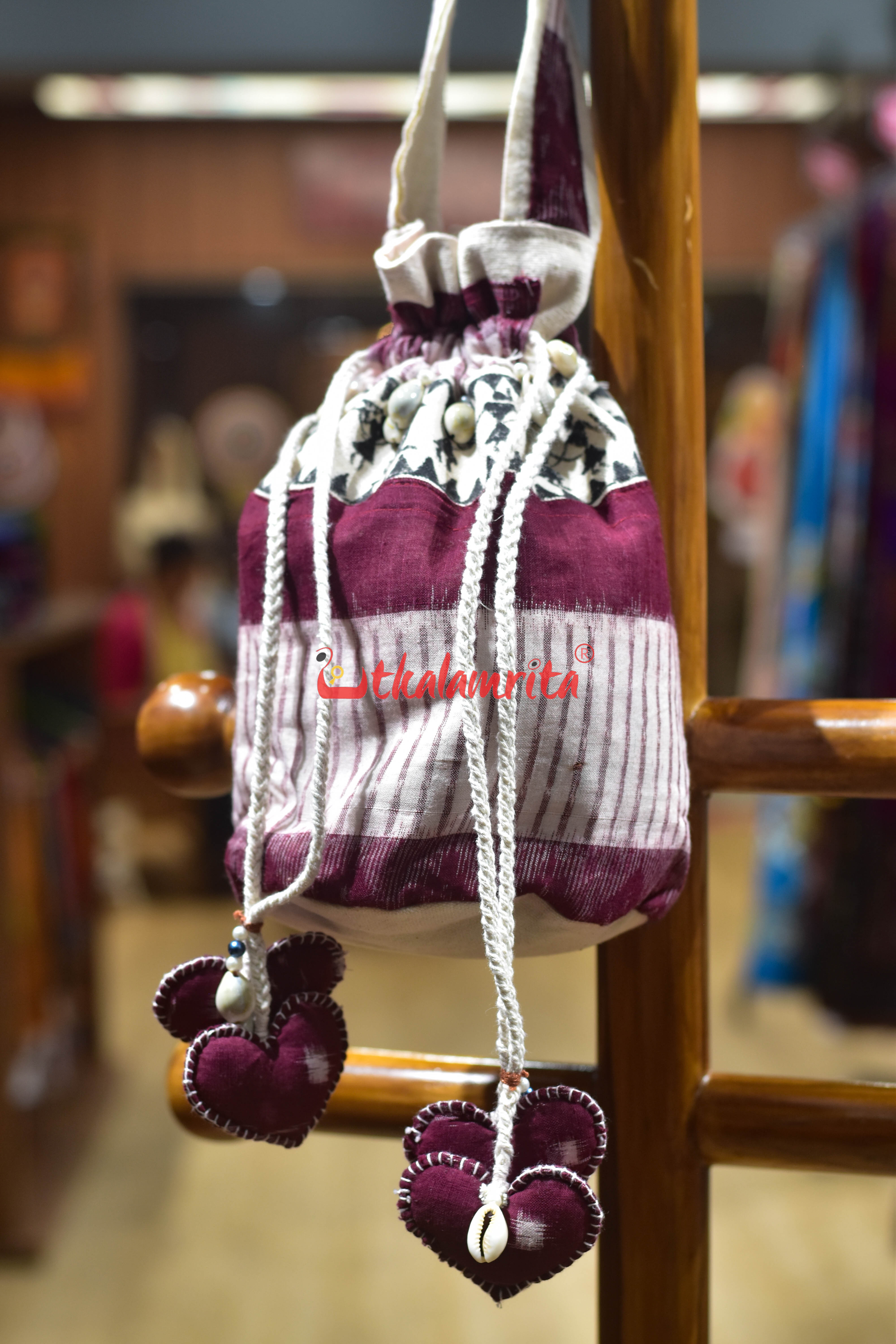 Maroon White Stripes with Tribals Potli Bag