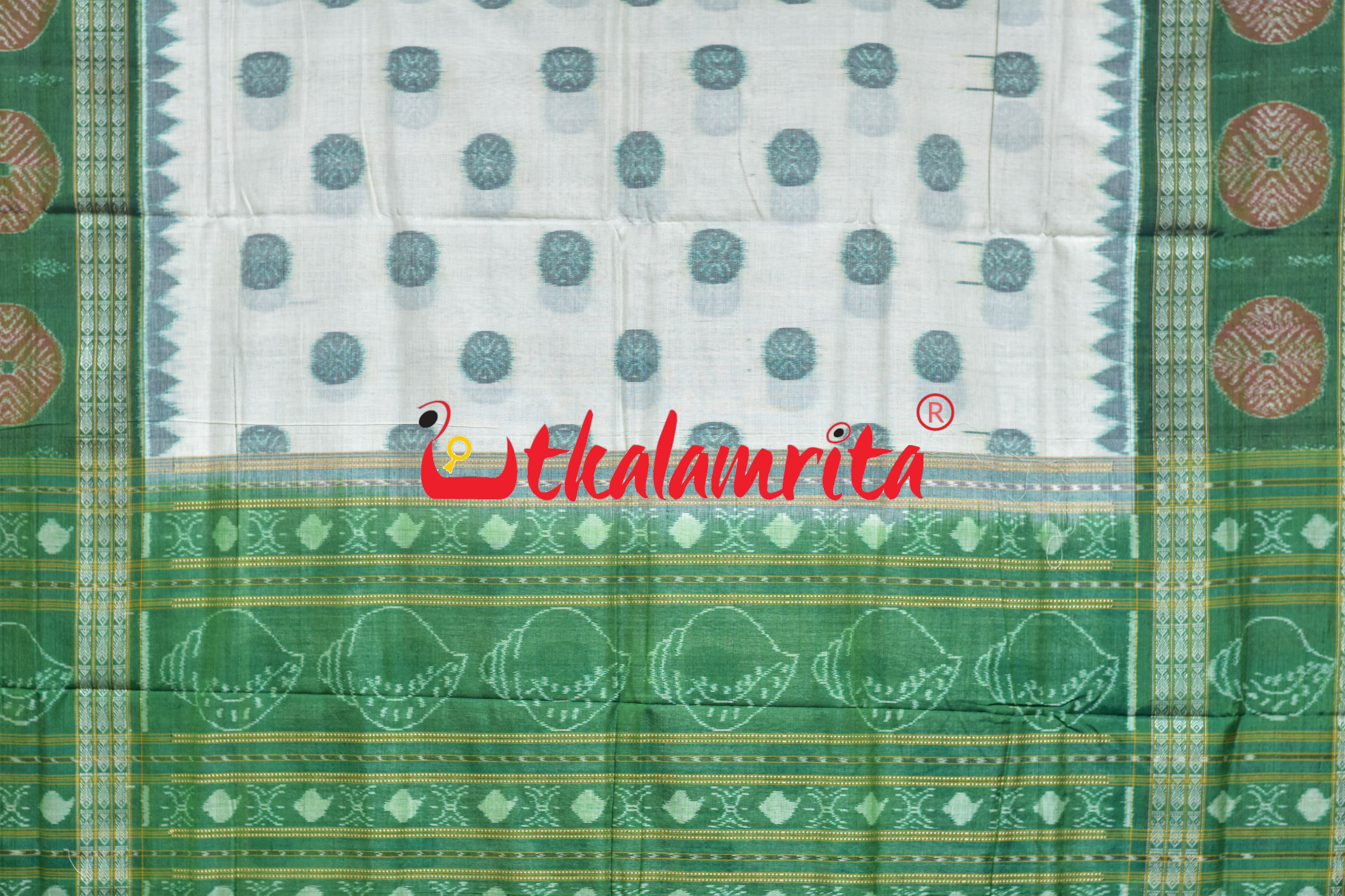 White Green Dhadi Chakra Sambalpuri Cotton Saree