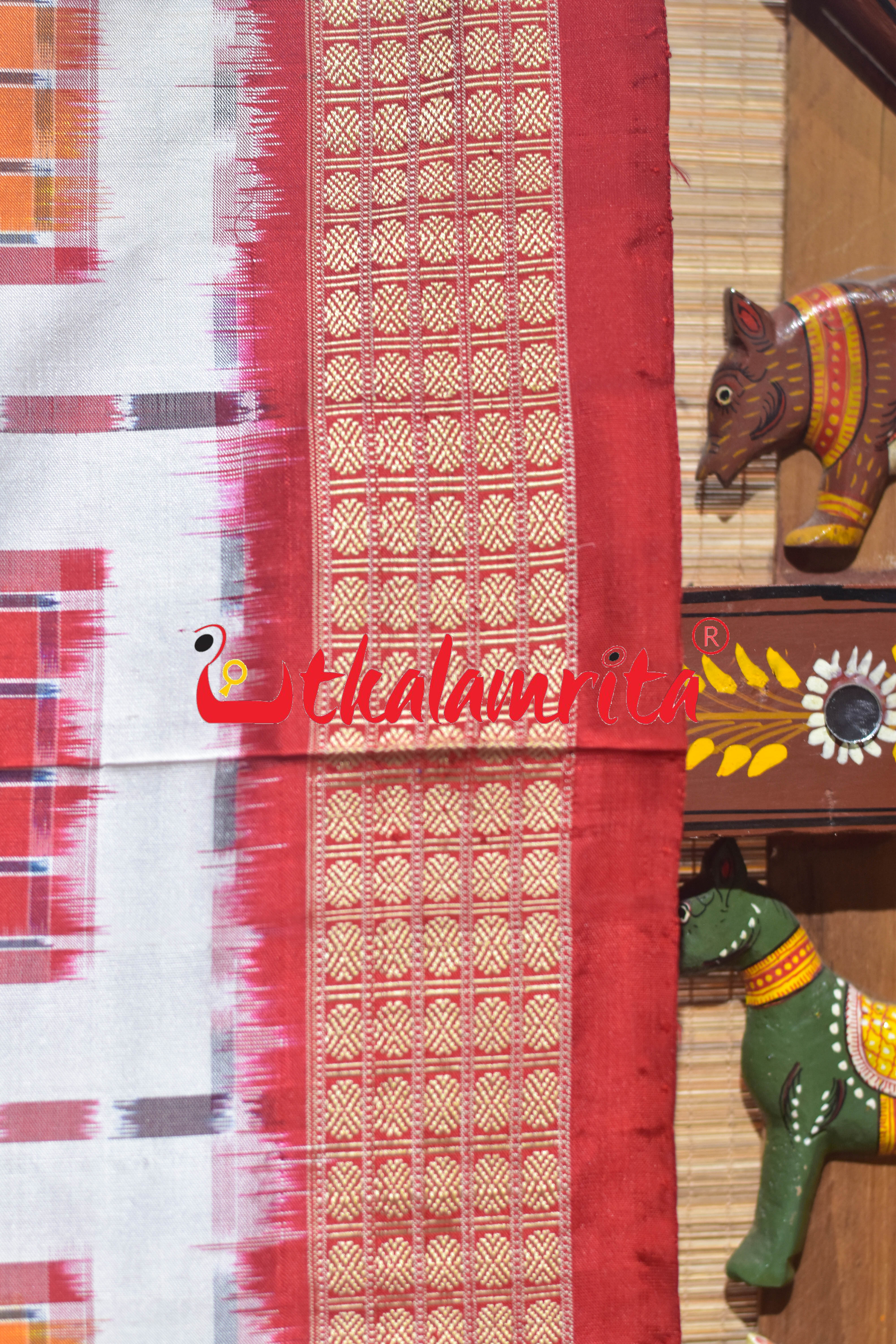 White Red Big Aswini Sambalpuri Silk Saree