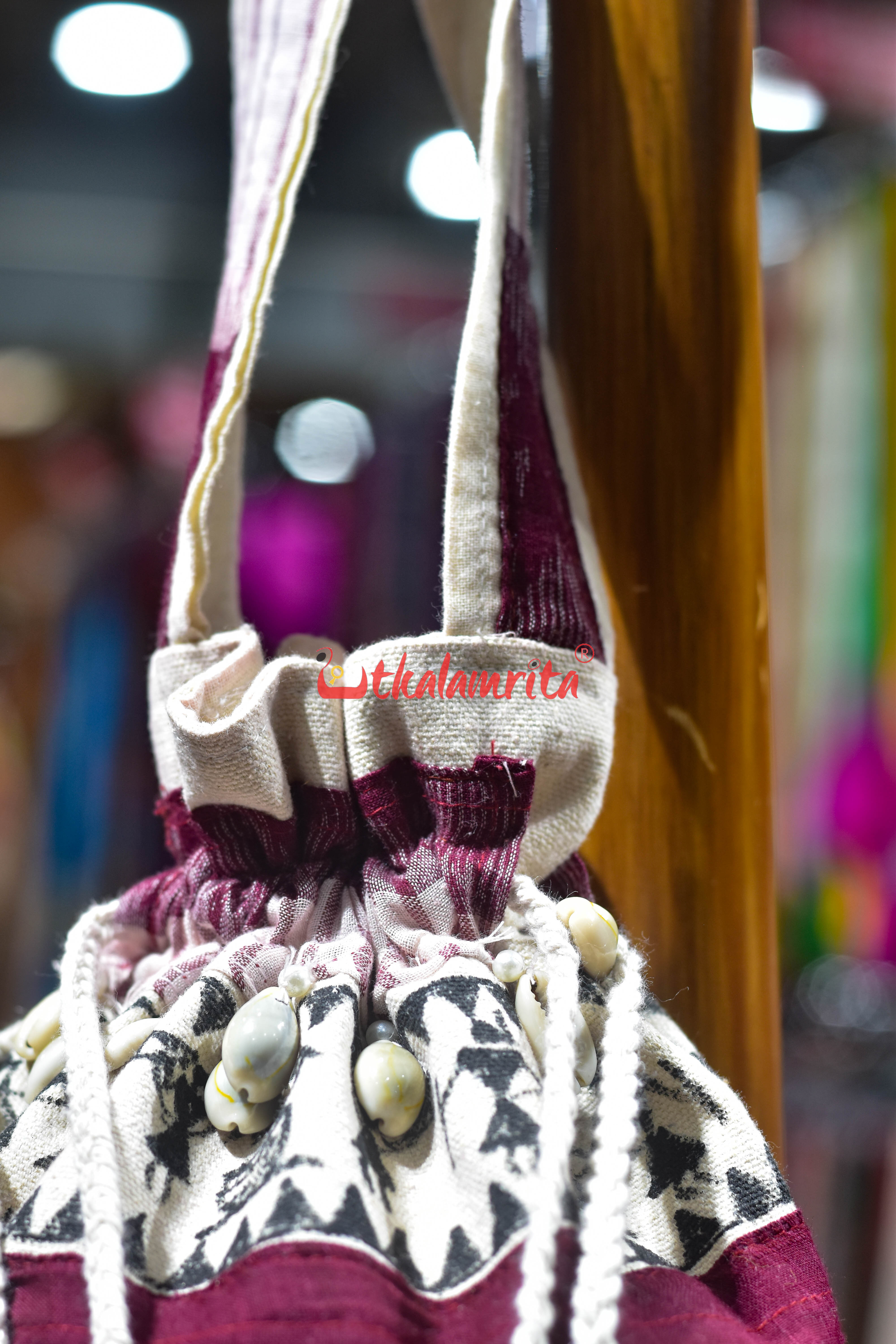 Maroon White Stripes with Tribals Potli Bag