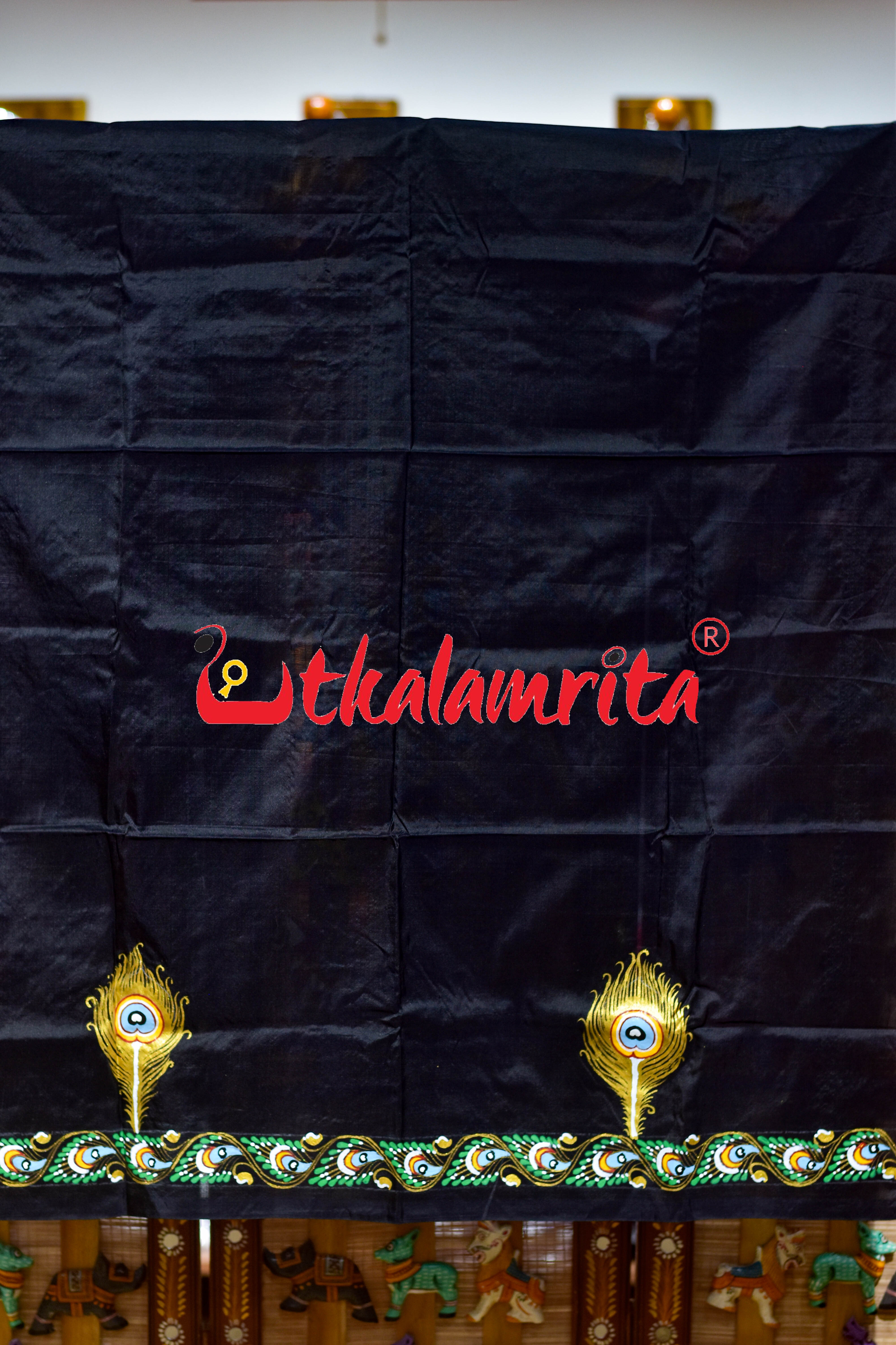 Black Plain Krushna Representation Pattachitra Silk Saree