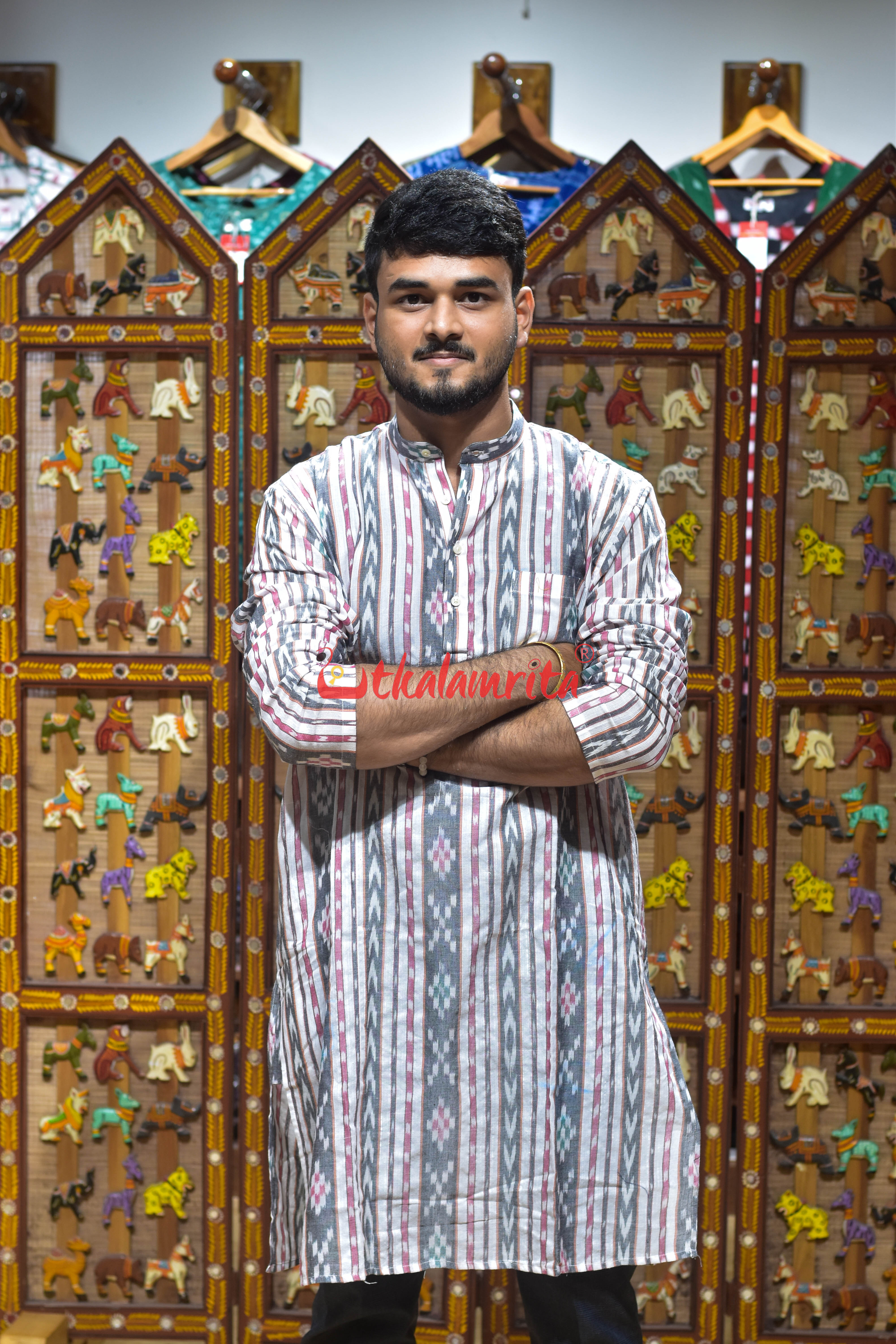 Grey Arrow Pasapali Lines (Men's Long Kurta)