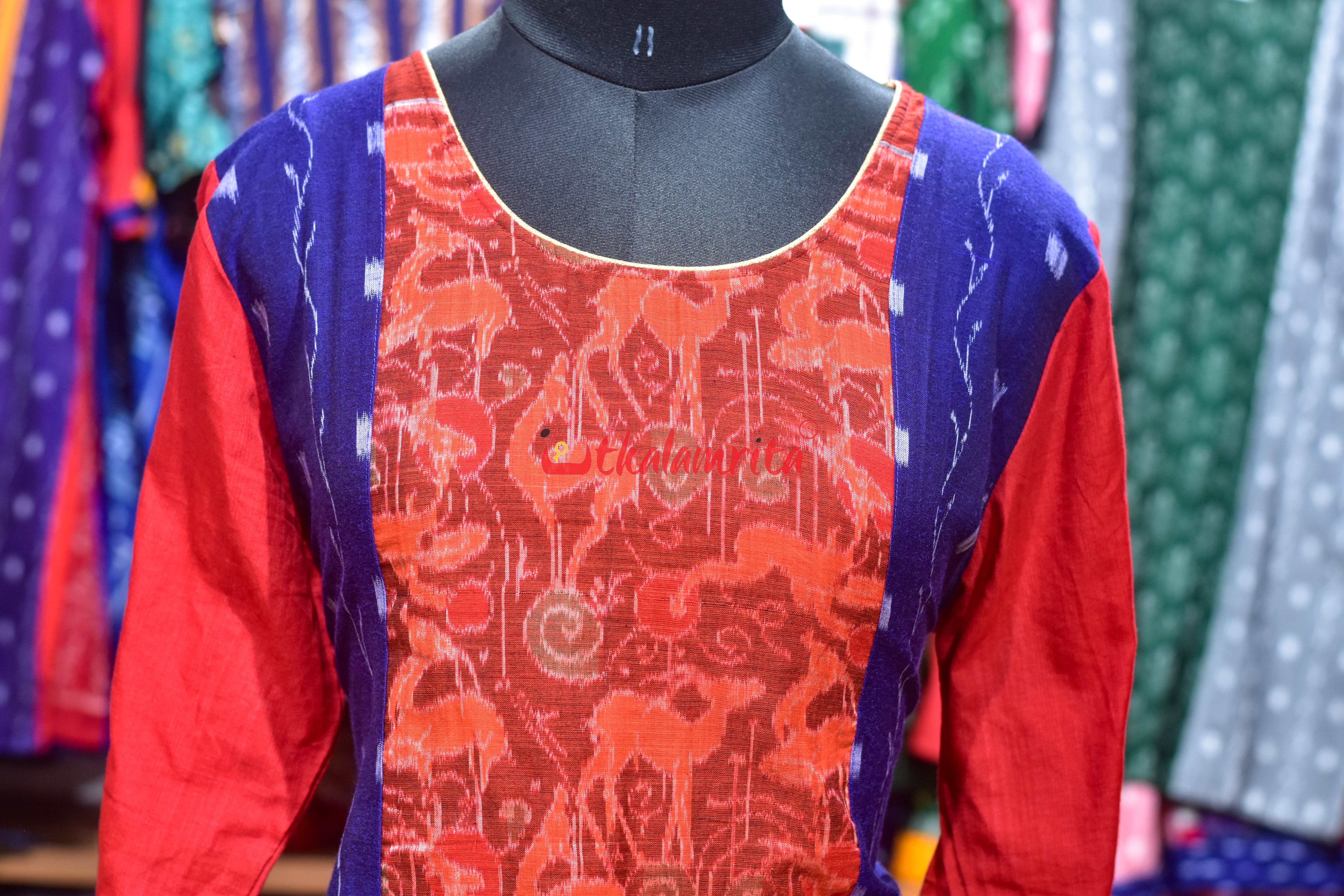 Red Blue Orissa Ikat Ladies Kurti